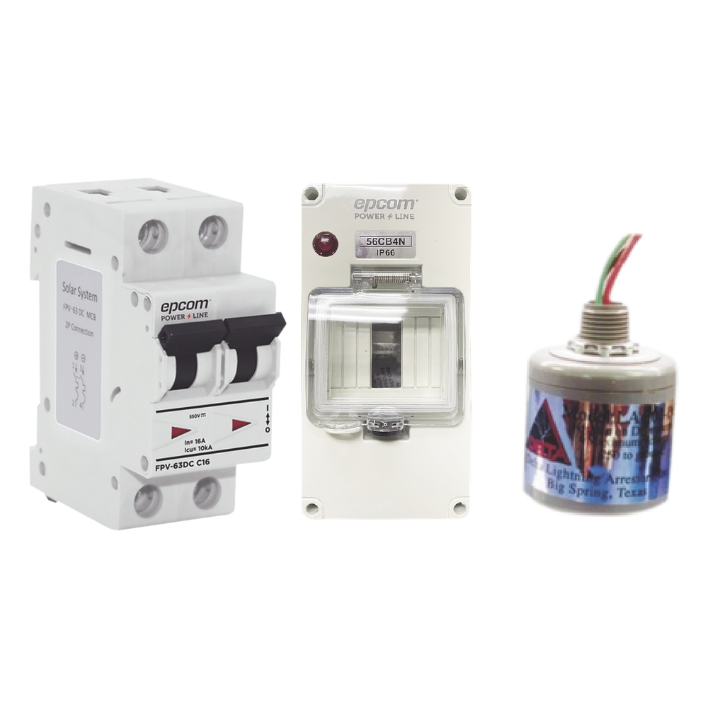 Kit de Centro de Carga Para Corriente Directa, Breaker de hasta 800 Vcc de 40 A con Supresor de Descargas Atmosféricas.