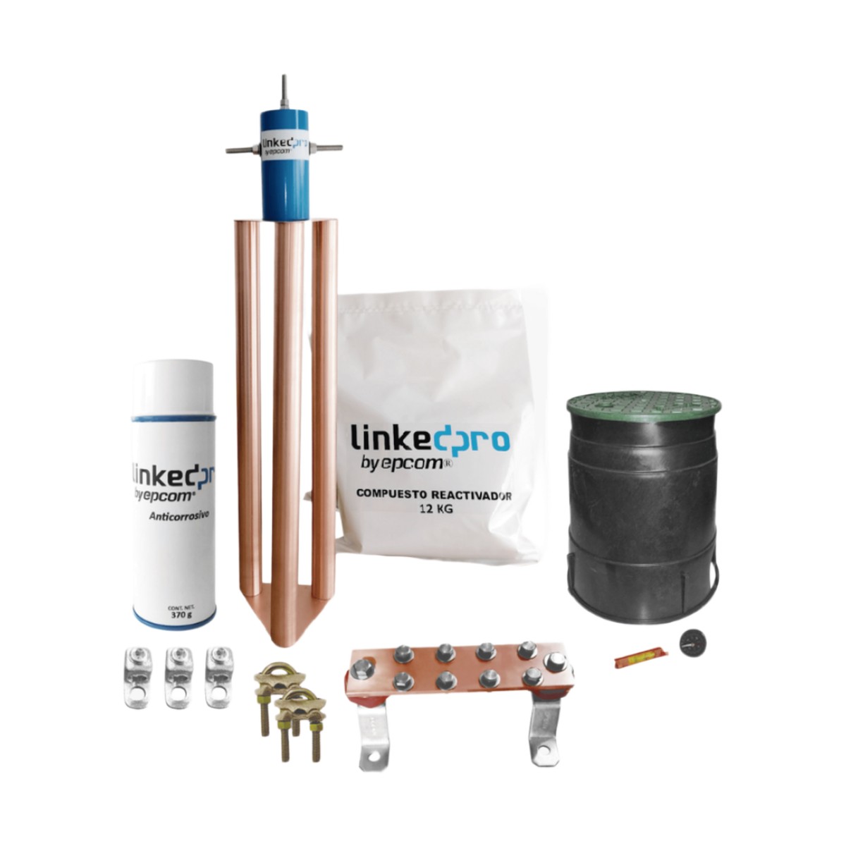 Kit Puesta a Tierra 200A / Electrodo Cobre Electrolítico / Diseño Delta / Filtro Equipotencial / Compuesto 12 kg / Barra Unión + Conectores + Registro