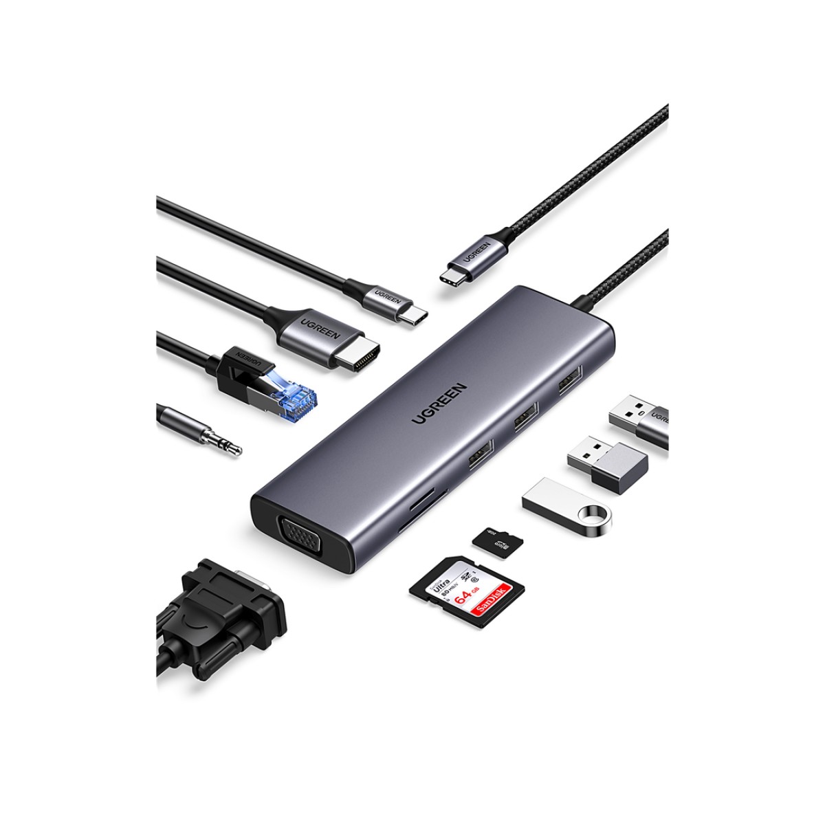 Hub USB-C 10 en 1 / HDMI 4K@30Hz + VGA 1920x1200 / 3x USB 3.0 5Gbps / Ethernet Gigabit / SD/TF Card Reader / PD 100W / Audio 3.5mm / Doble Pantalla Simultánea / Plug & Play Universal