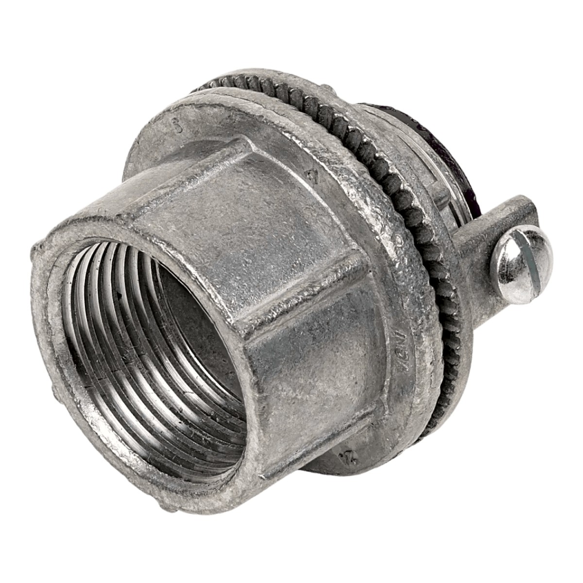Conector Myers de Zinc  1 1/2" con Tornillo para Puesta a Tierra.