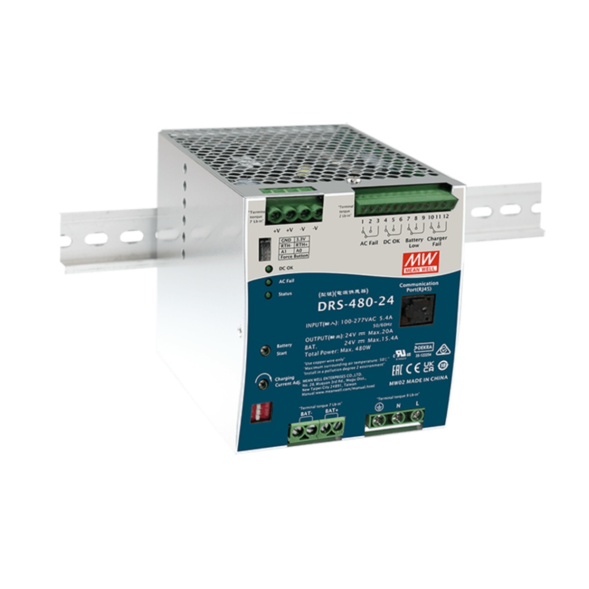 Fuente de Poder Industrial de 480W con Cargador de Baterías, salida 24Vcc, 20A, para montaje Riel Din