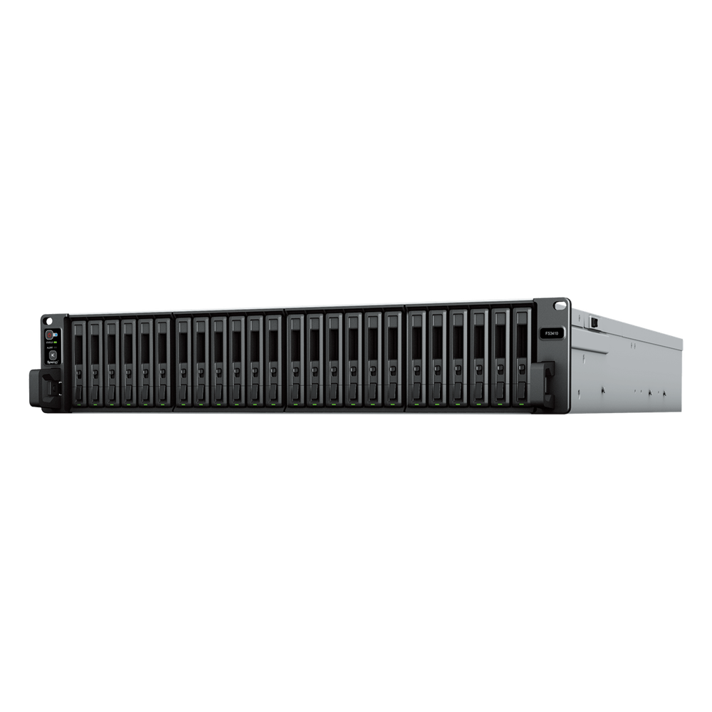 Servidor de Almacenamiento FlashStation FS3410 | 24 Bahías SSD SATA 2.5" | Intel Xeon D-1541 8 Núcleos | 16 GB RAM (Ampliable a 128 GB) | 356,500 IOPS Lectura | 129,400 IOPS Escritura | 4 Puertos 1GbE + 2 Puertos 10GbE