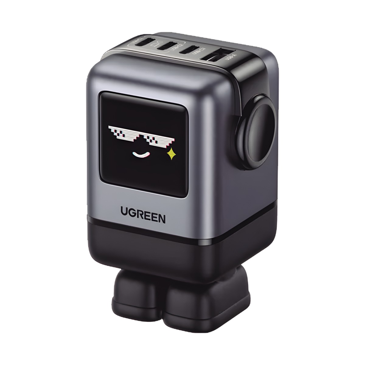 Cargador RobotGaN de 100W Serie UNO | 4 Puertos de Carga Rápida | 3 USB-C | 1 USB-A | PD 3.0 | QC 4.0 | Carga Inteligente | Tecnología GaN II | Zapato Magnético Extraíble | Carcasa Ignífuga | Pantalla LED