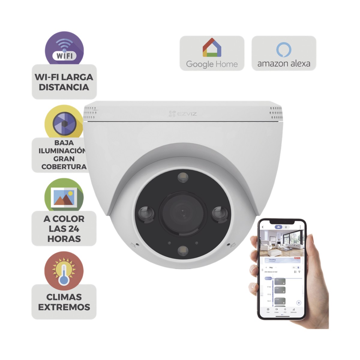Domo IP 3 Megapíxel (2K) / Wi-Fi / Sirena y Estrobo /Audio de Dos Vías / Detección Humana y Vehiculo / Notificación Push / Audios Personalizables / Ranura Para Memoria hasta 512GB / Uso en Exterior IP67