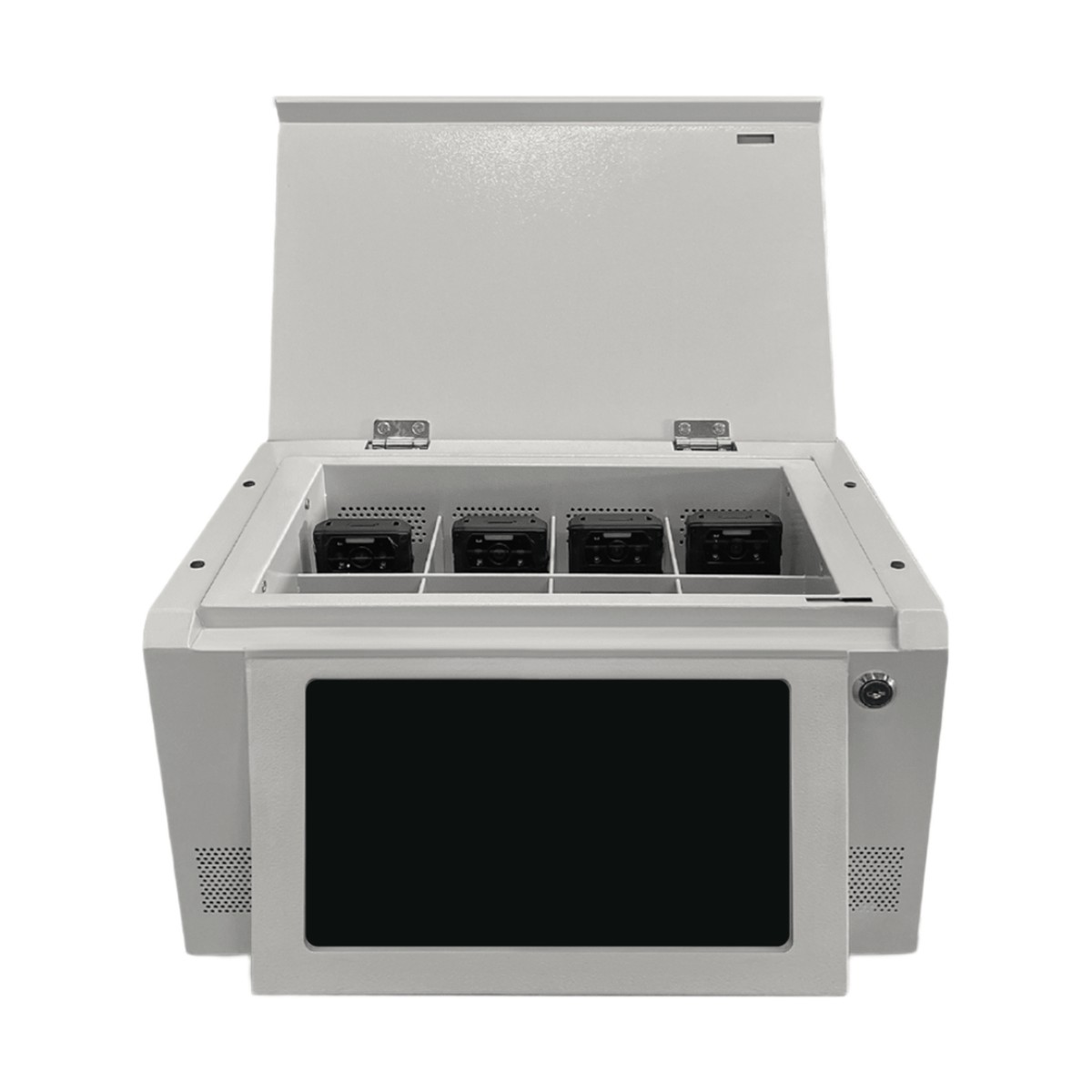 Estación de Descarga para Cámaras Corporales | 8 Canales de Conexión | Descarga Simultanea | Pantalla Táctil | Almacenamiento Hasta 12TB | Carga y Copia de Seguridad Automática | Compatible con Body Cam XMR-R3.