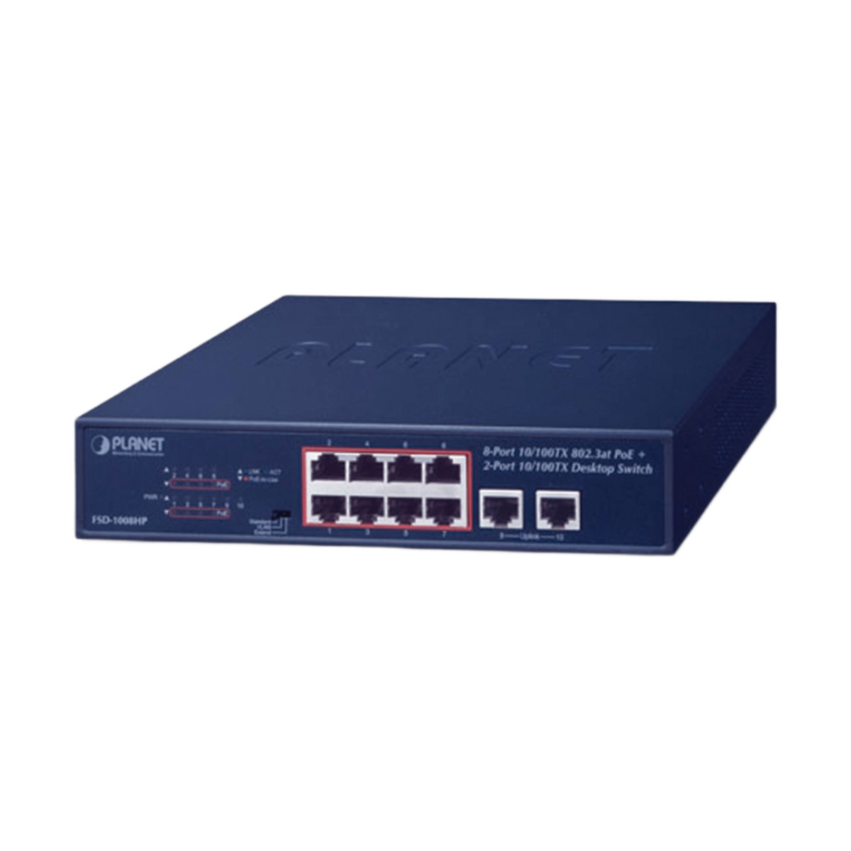 Switch de Escritorio de 8 Puertos 10/100TX 802.3at PoE+ / 2 Puertos 10/100TX / 120W PoE Budget / Modos Standard, VLAN y Extendido / Distancia Extendida Hasta 250m