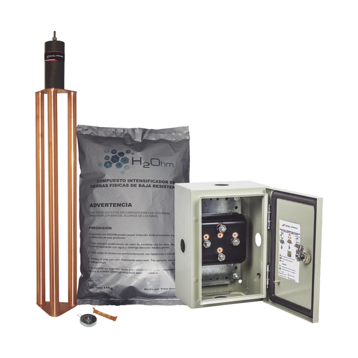 Kit de puesta a tierra de 70 A con Electrodo, Filtro, Acoplador y Compuesto H2Ohm.