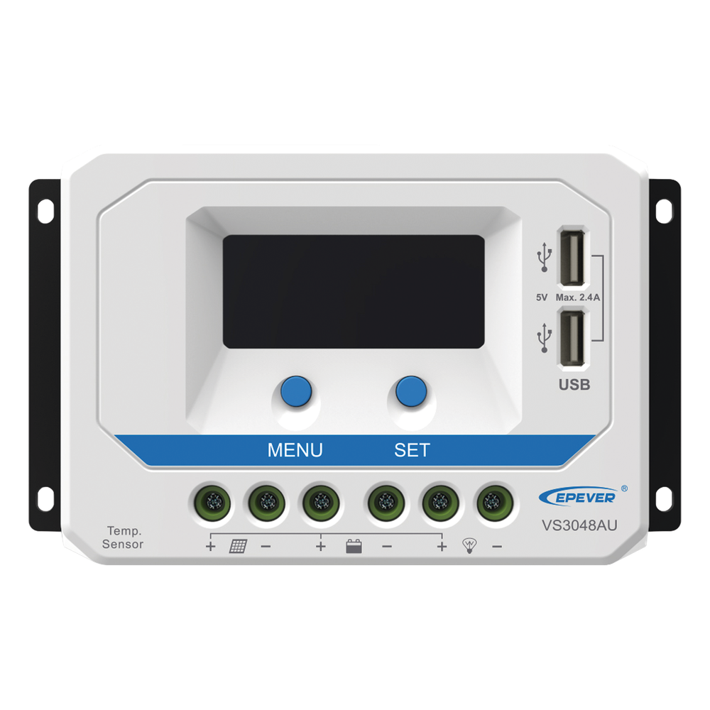 Controlador Solar PWM / 30A / 12/24V/36/48V / Doble USB / Pantalla LCD / Tierra Positivo Común