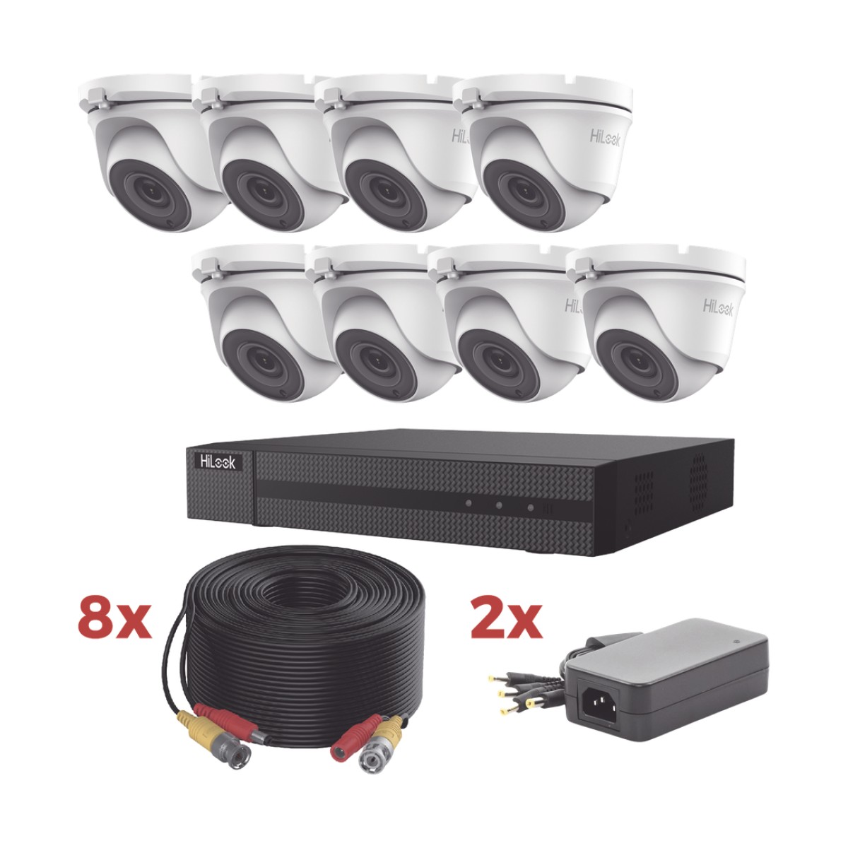 Kit TurboHD / DVR 8 Canales 1080p Lite / 8 Cámaras turret 1080p metalicas / 8 cables de 20 metros / 2 fuentes de 4 canales