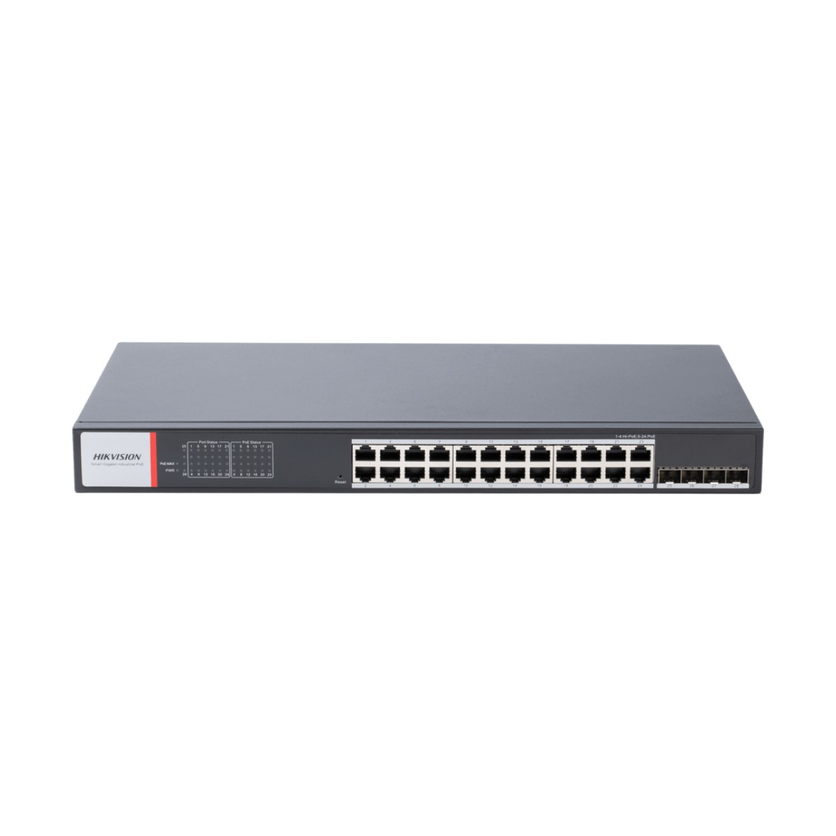 Switch Gigabit PoE+ / Industrial / Administrable / 24 Puertos 1000 Mbps PoE+ / 4 Puertos SFP / Configuración Nube Hik-PartnerPro / Modo Extendido hasta 300 Metros / 370 W
