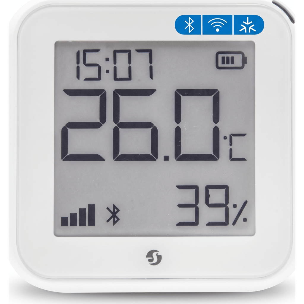 Pantalla Sensor de temperatura y humedad, inteligente e inalámbrico, integrable a la App de Shelly.