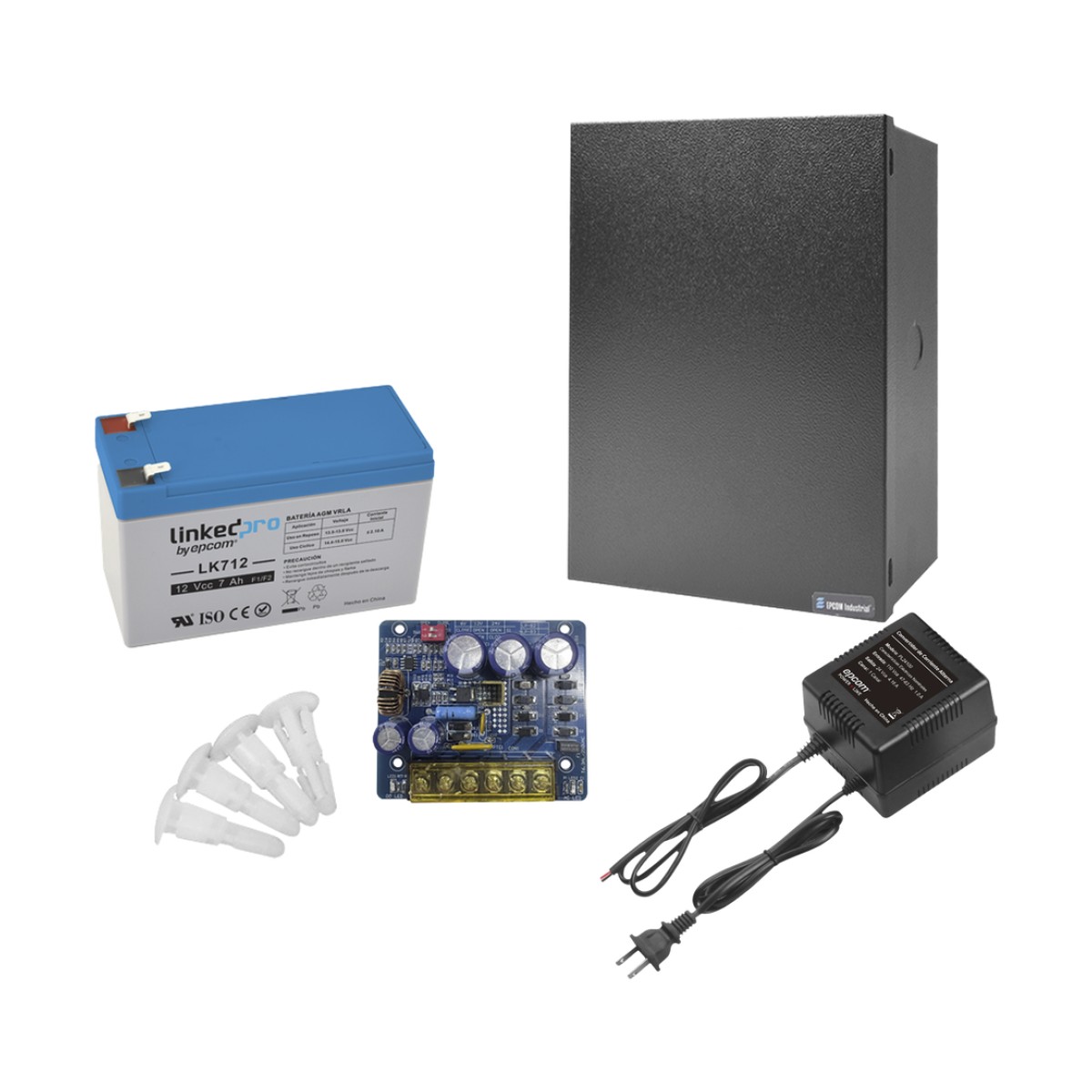 Kit con fuente PLB3 con salida de 12 Vcc a 4 Amper, incluye transformador y batería de 12 V a 7 Amper