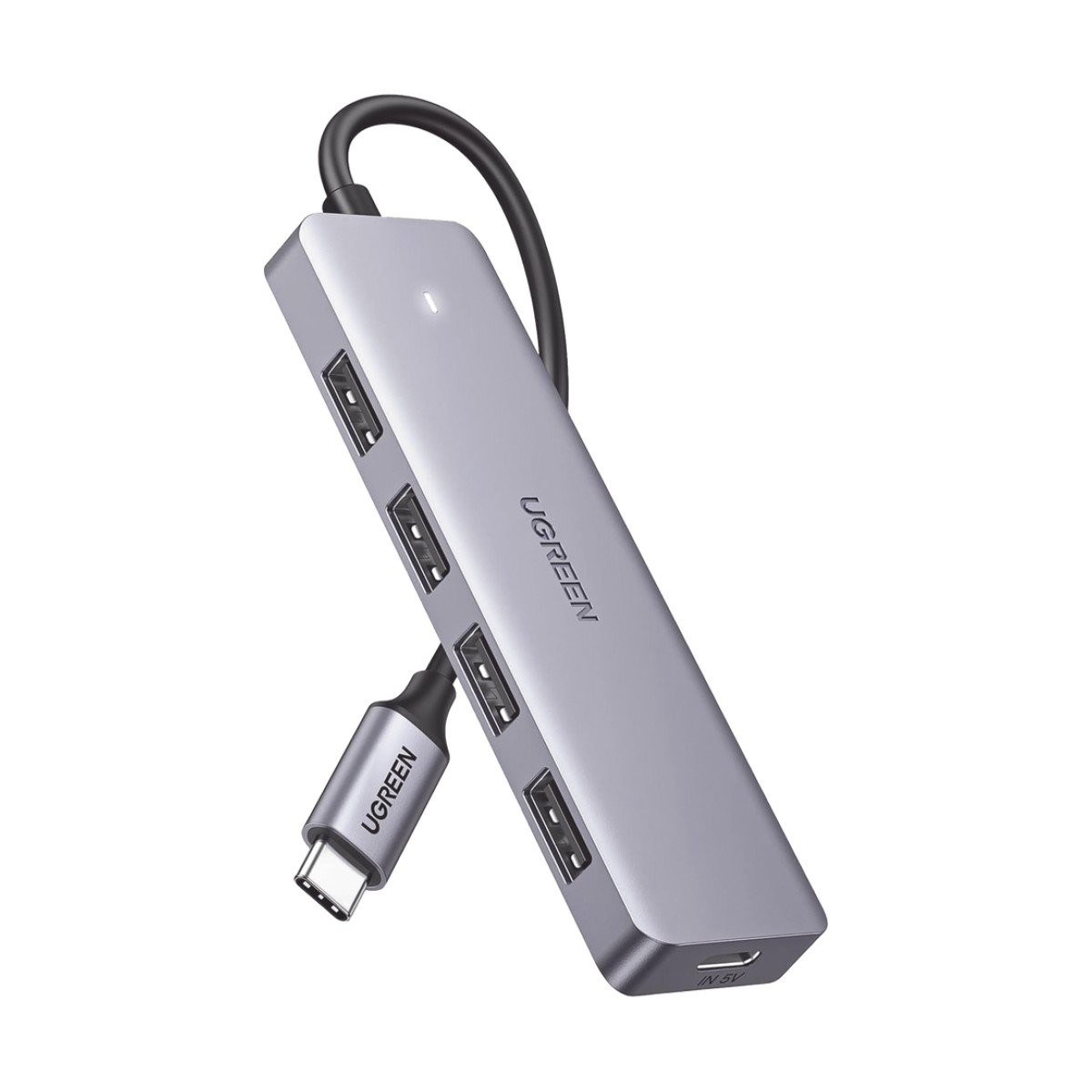 HUB USB-C 3.0 4 EN 1 | 4 Puertos USB-A (5Gbps) | Carcasa ABS + PC | Soporta OTG | Luz Indicadora LED | Compatible con iPhone 15 Pro MAX) | Interfaz Niquelada | Color Gris Metalizado | Cable de 15cm.