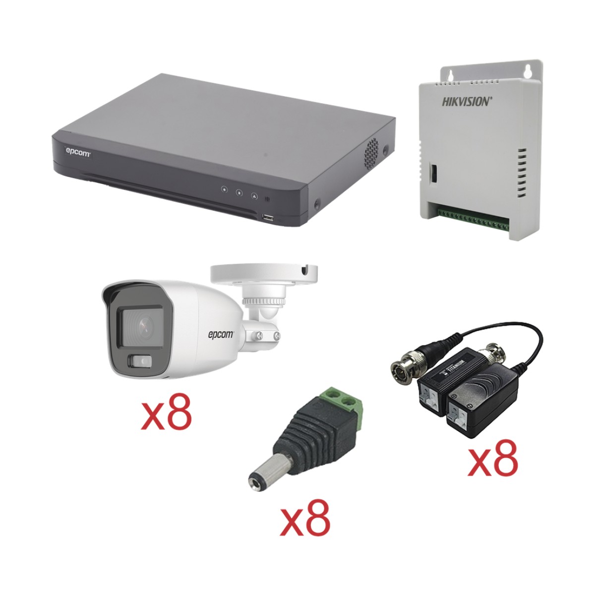 KIT TurboHD con Audio 1080p / DVR 8 Canales / 8 Cámaras Bala (exterior 2.8 mm) / Transceptores / Conectores / Fuente de Poder / AUDIO POR COAXITRON