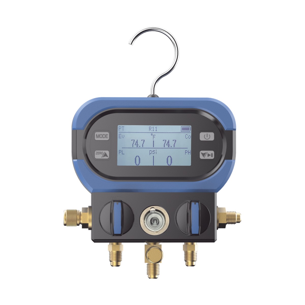 Manifold Digital DMAA 2 Válvulas / Sensor Digital Alta Precisión / Pantalla LCD Retroiluminada / Rango -14 a 800 psi (55 bar) / Compatibilidad Múltiples Refrigerantes / Diseño Anti-Caídas / Incluye 3 Mangueras y Adaptado