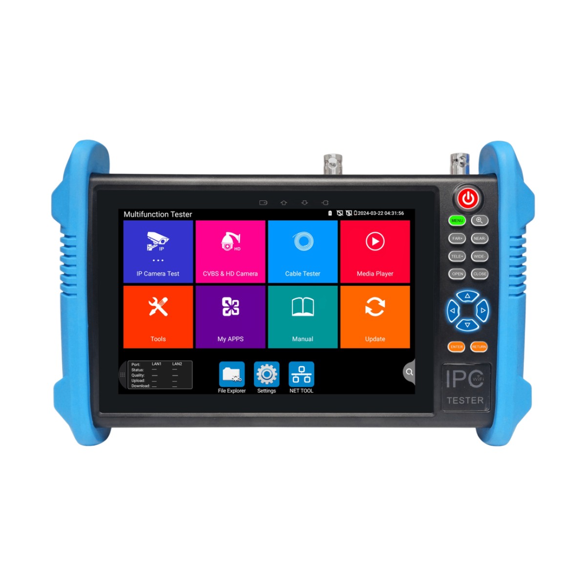 Tester de Video Profesional | Pantalla 7"|  Prueba IP/HD/Analógicas | TVI/CVI/AHD/CVBS | IP ONVIF | 4K/8K | H.264/H.265 | HDMI | PTZ | Scanner IP | TDR | Salidas 12V/24V/PoE | Activación Simultanea.