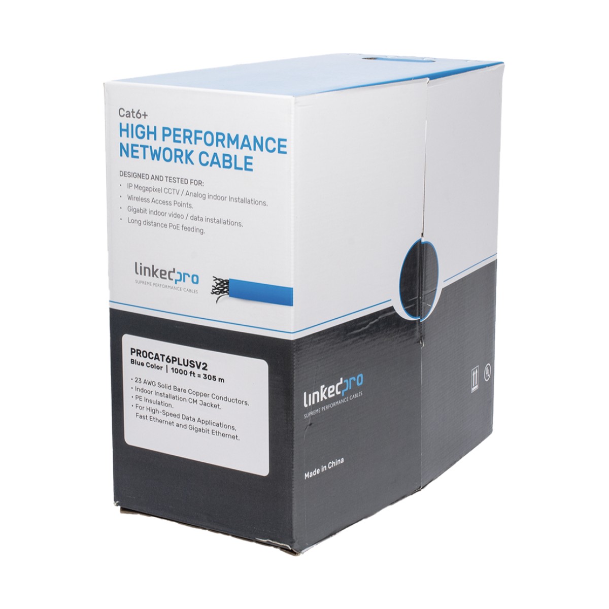 Bobina de Cable de 305 Metros (1000 Pies) Cat6+, CM, Calibre 23 Alto Rendimiento, ETL, UL, Color Azul, Super Flexible, para Aplicaciones de Video Vigilancia, Video HD, y Redes de Datos. Uso Interior.