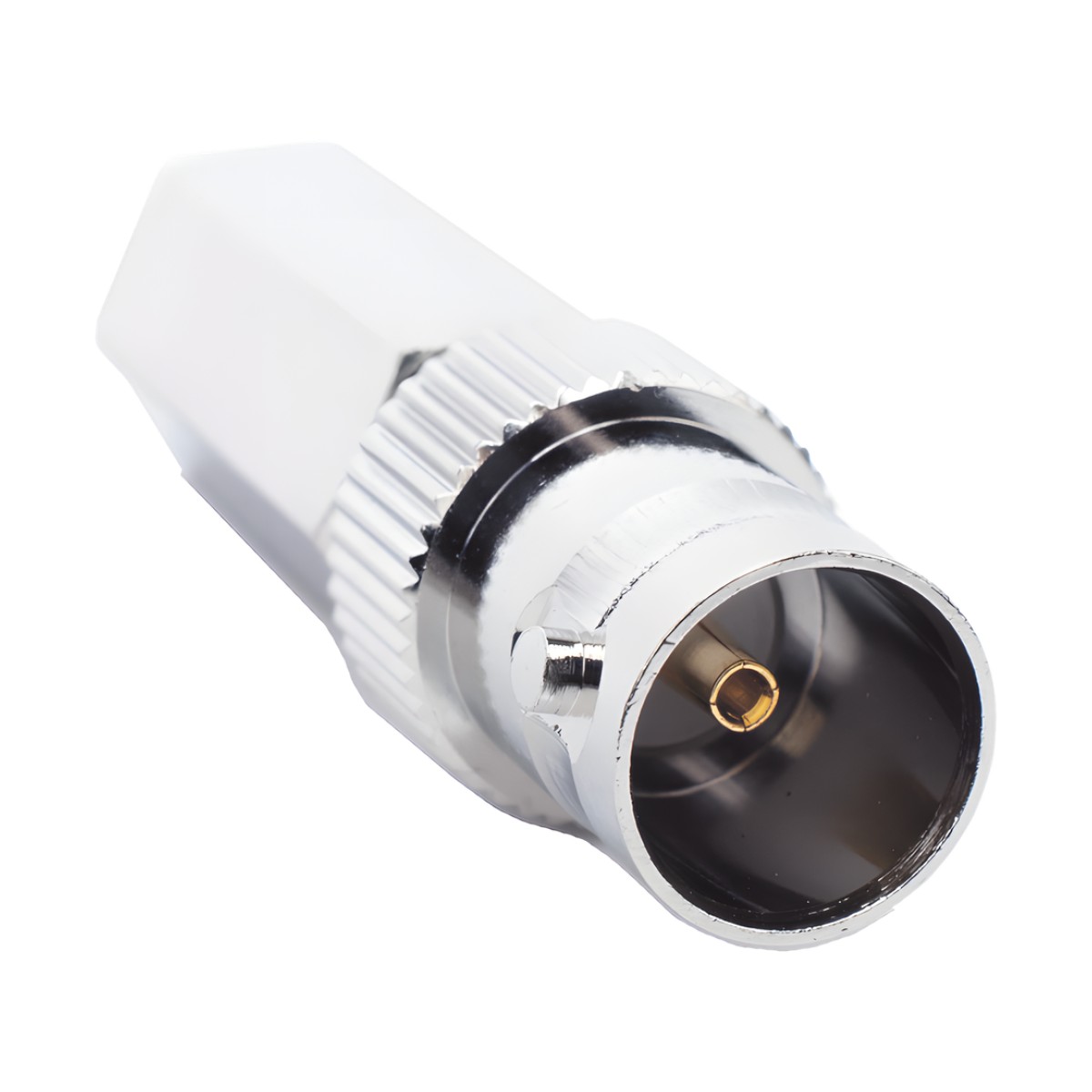Conector BNC Hembra en 75 Ohm, Tipo Roscable para cable Coaxial RG-59/U, Níquel/ Plata/ Delrin.