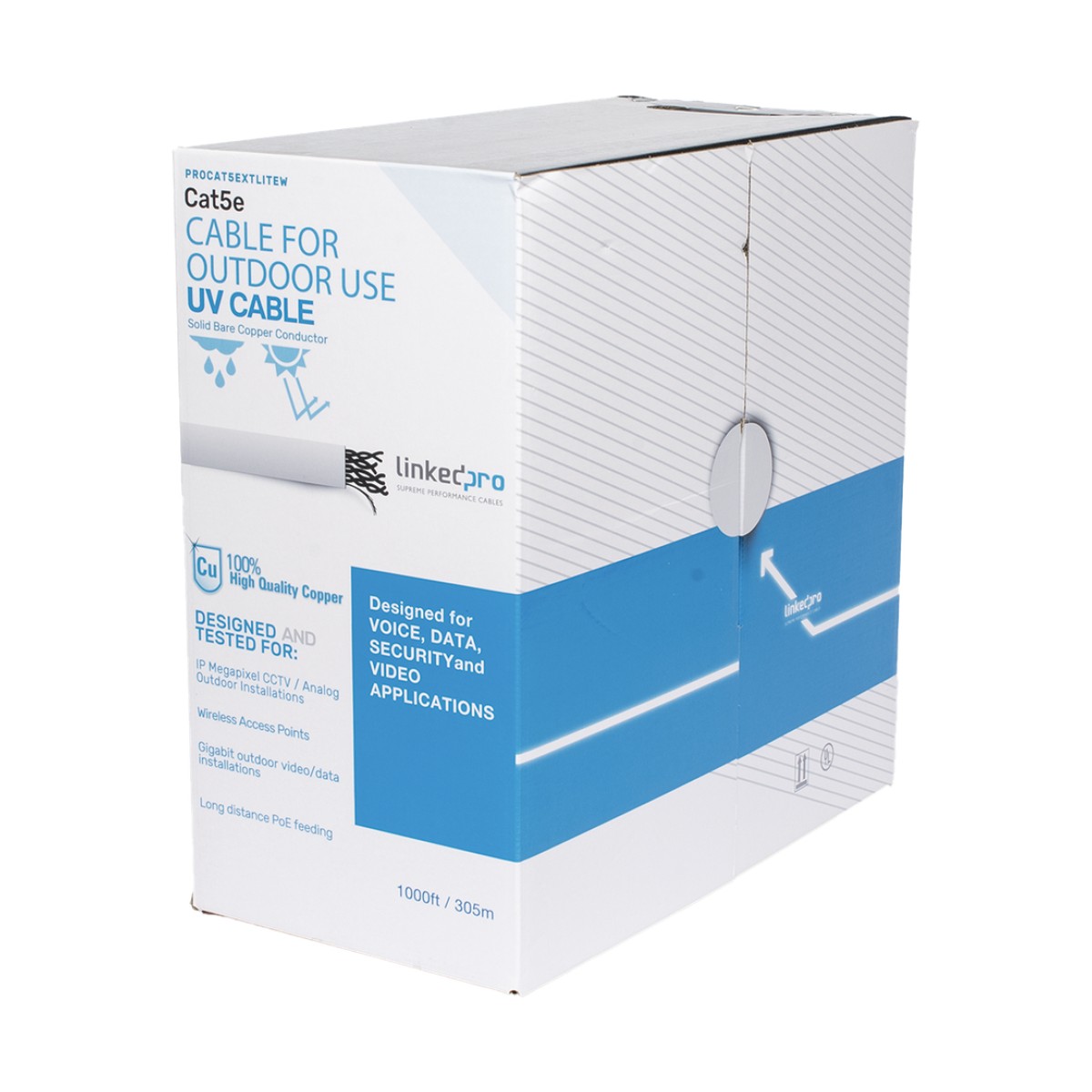 Bobina de cable de 305 m, Cat5e, para intemperie, sin blindar, color blanco, UL, para aplicaciones en CCTV, redes de datos, Requiere tubería para su correcta instalación en ambientes exteriores.