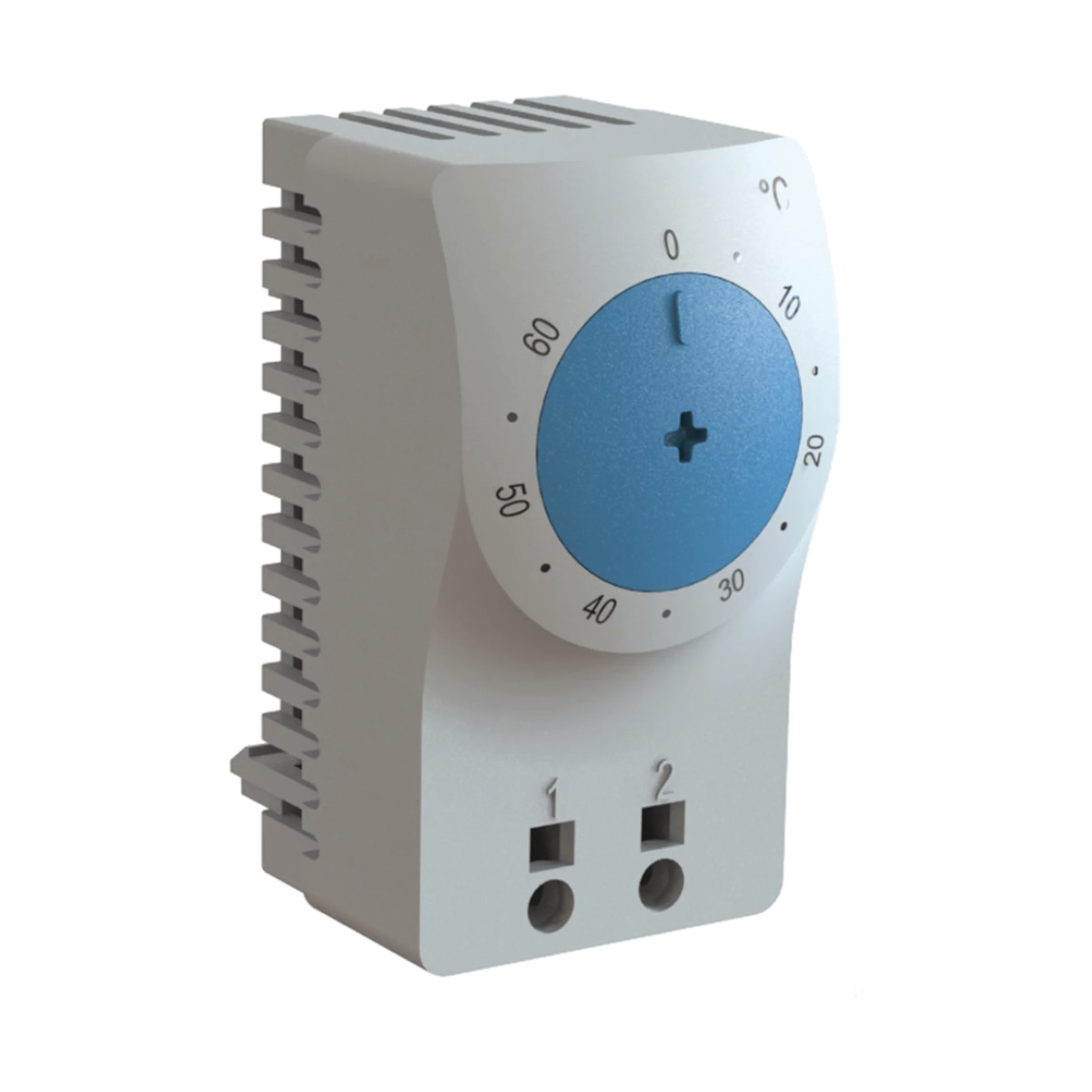 Termostato/Interruptor Para Control de Temperatura en Grados Celsius, Para Uso con Ventiladores, Con Terminales de Conexión, y Clip para Riel Din de 35 mm, Color Gris Claro