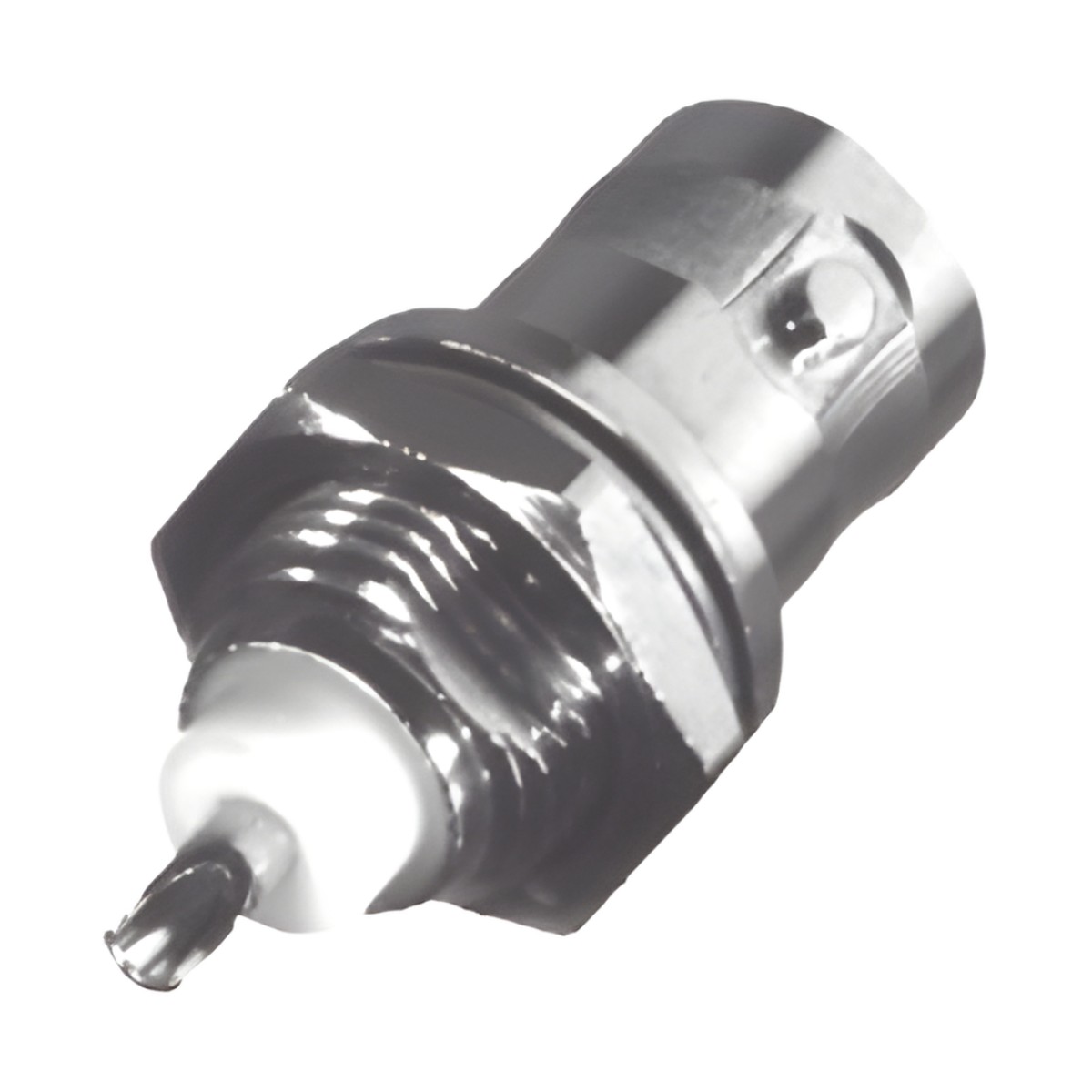 Conector BNC Hembra para Chasis, Montaje Frontal, Soldable, D-Plano, Troquelado, Niquel/ Oro/ Delrin.