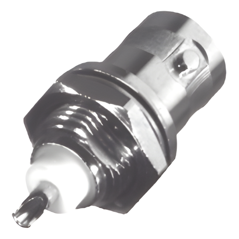 Conector BNC Hembra para Chasis, Montaje Frontal, Soldable, D-Plano, Troquelado, Niquel/ Oro/ Delrin.