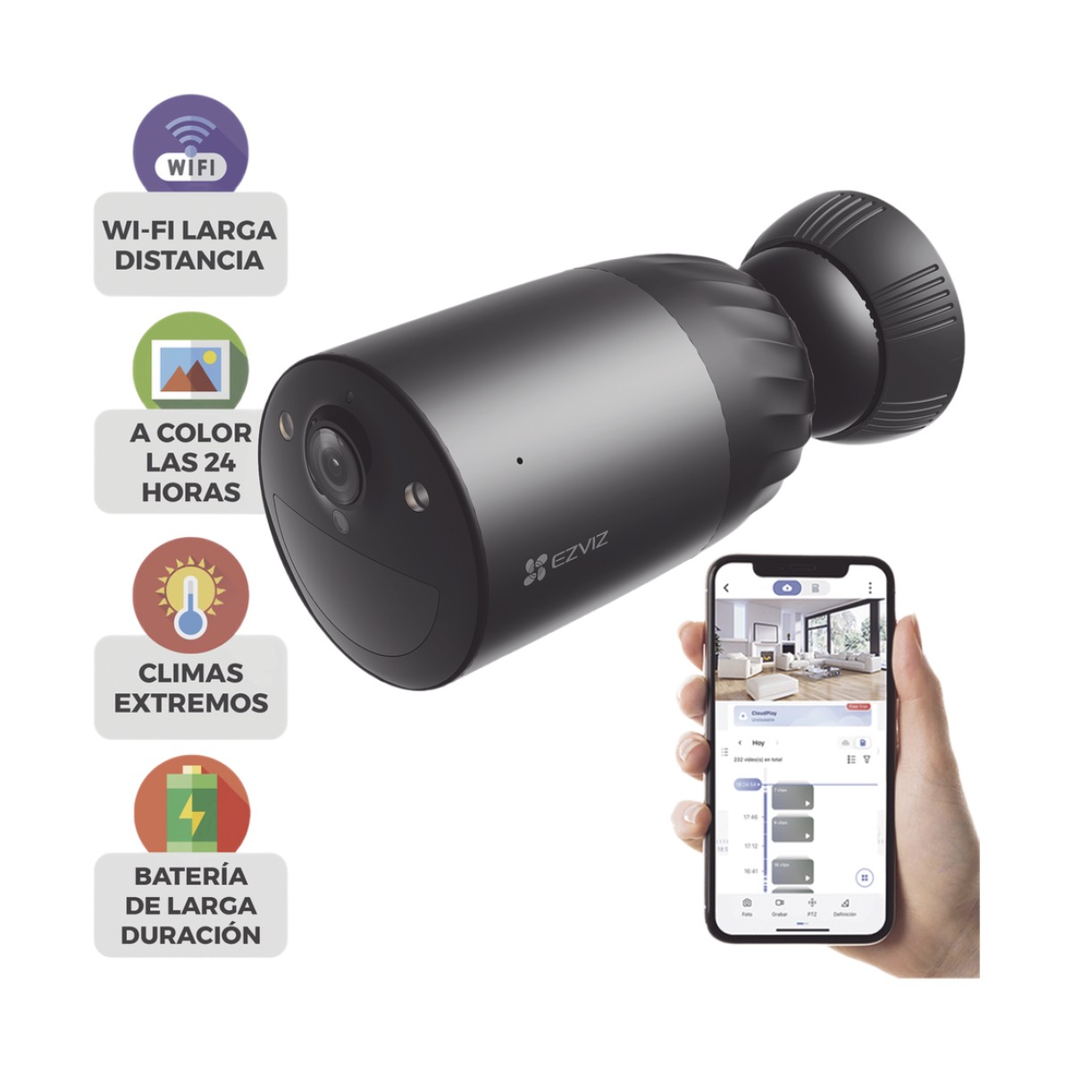 Cámara WIFI / 4K / Batería Recargable Compatible con Panel Solar CS-PSP8 / 2.8mm / Conector Tipo C / Audio Dos Vías / Visión Nocturna en Color / Protección IP65/ Ranura para Memoria 512 GB