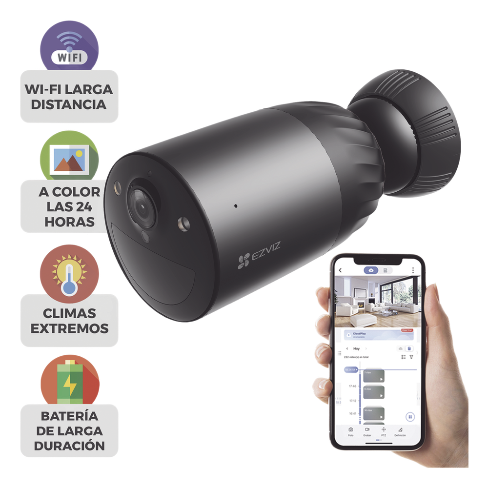 Cámara WIFI / 4K / Batería Recargable Compatible con Panel Solar CS-PSP8 / 2.8mm / Conector Tipo C / Audio Dos Vías / Visión Nocturna en Color / Protección IP65/ Ranura para Memoria 512 GB