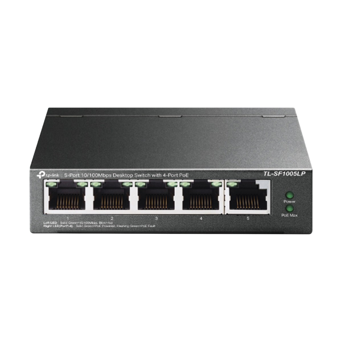 Switch PoE No Administrable de Escritorio / 5 puertos 10/100 Mbps / 4 puertos PoE af / Presupuesto 41 W / Modo extensor PoE hasta 250 metros / Calidad video prioritaria