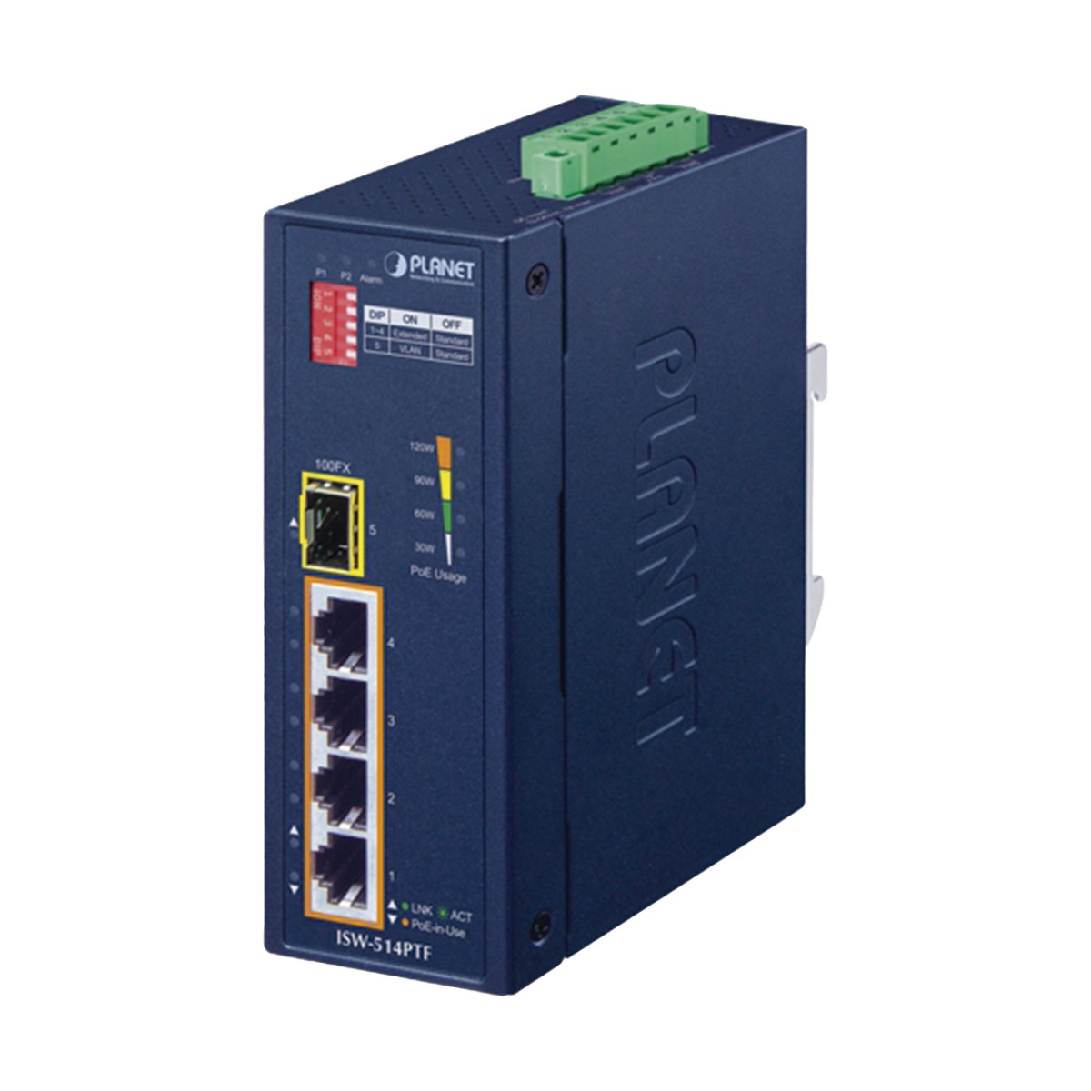 Switch industrial, Temperatura de Operación: -40 a 75ºC, 4 puertos PoE 10/100 + 1 Puerto 100Base-FX