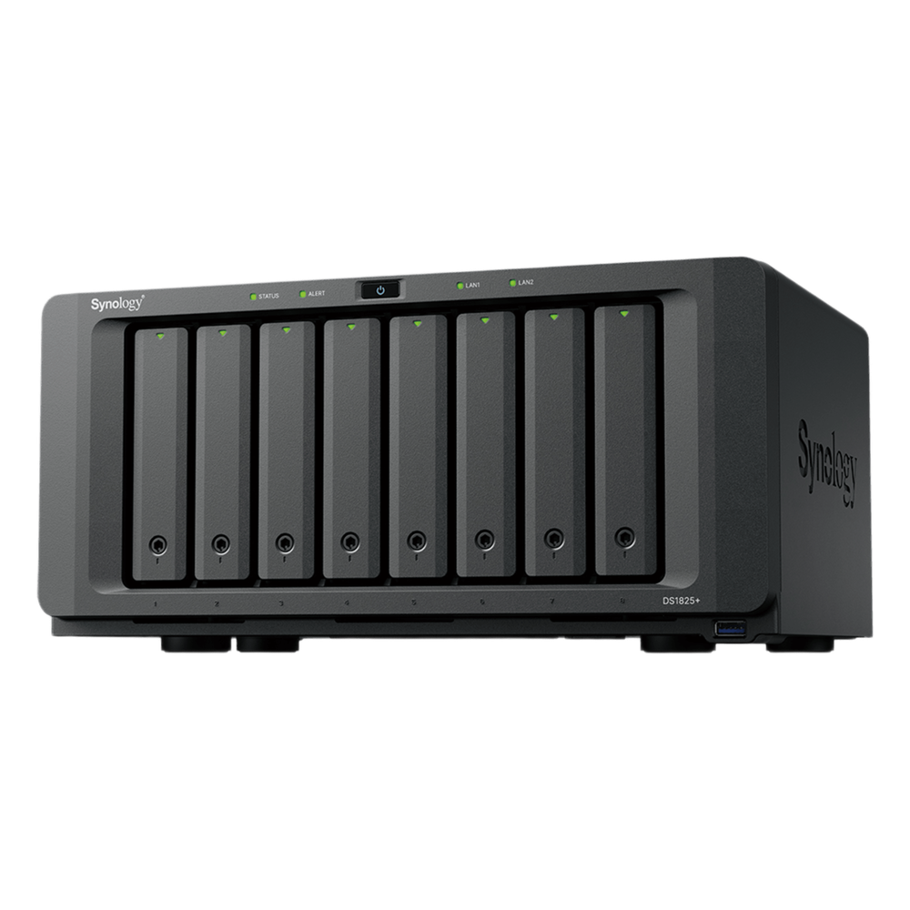 NAS DiskStation DS1825+ | 8 Bahías | AMD Ryzen V1500B | 8 GB DDR4 ECC | Hasta 2,239 MB/s Lectura | 2 Puertos 2.5GbE | Expansión PCIe 3.0 | Compatible con 10GbE y 25GbE | Caché SSD M.2 | Synology DSM.