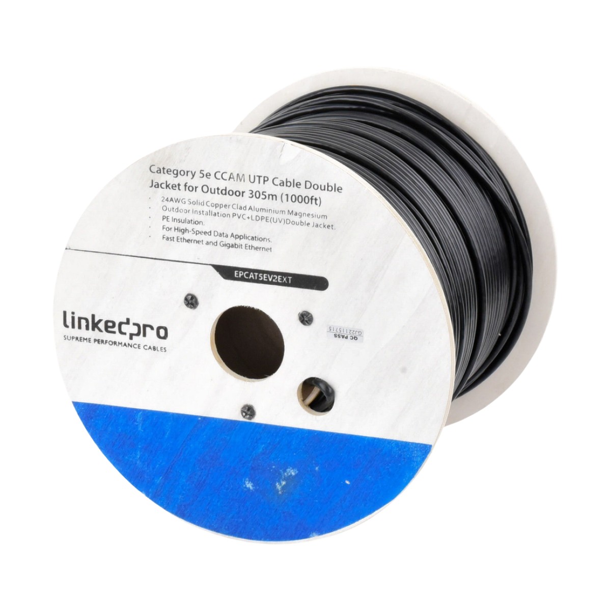 Bobina de Cable de 305 Metros (1000 Pies) Cat5e, Aleación de Cobre y Aluminio (CCA), Color Negro, Uso Intemperie, Doble Forro