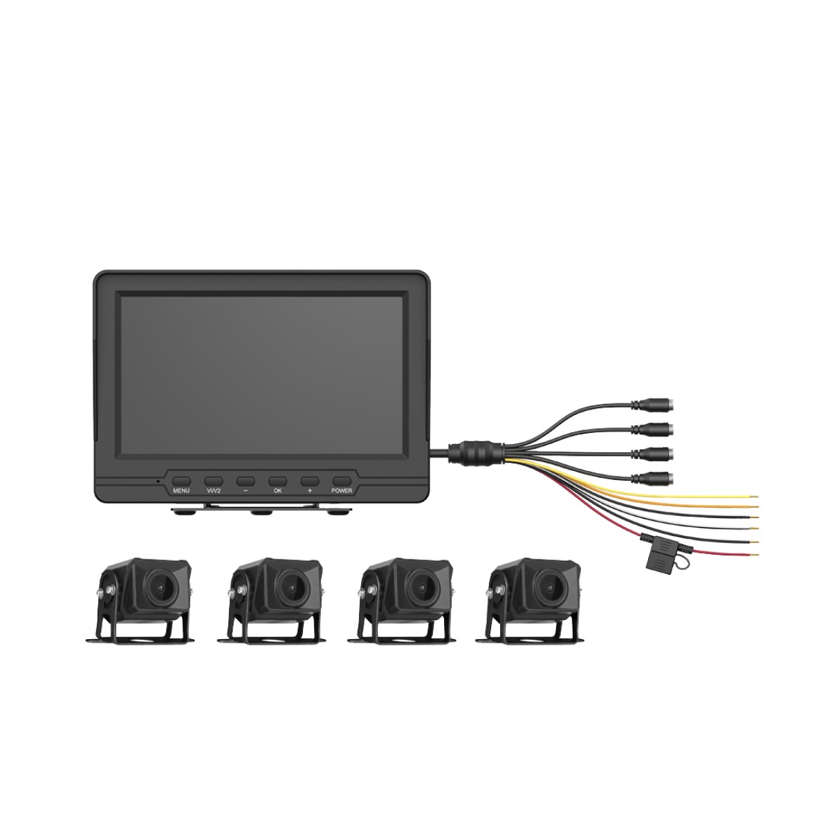 Sistema de Monitoreo Local / 4 Cámaras 1080p para Exterior (IP68) y Pantalla LCD de 7" a Color / Soporta Memoria Micro SD Hasta 512 GB / Soporta Cambio de Cámara al Dar Reversa al Vehiculo / Accesorios de Instalación