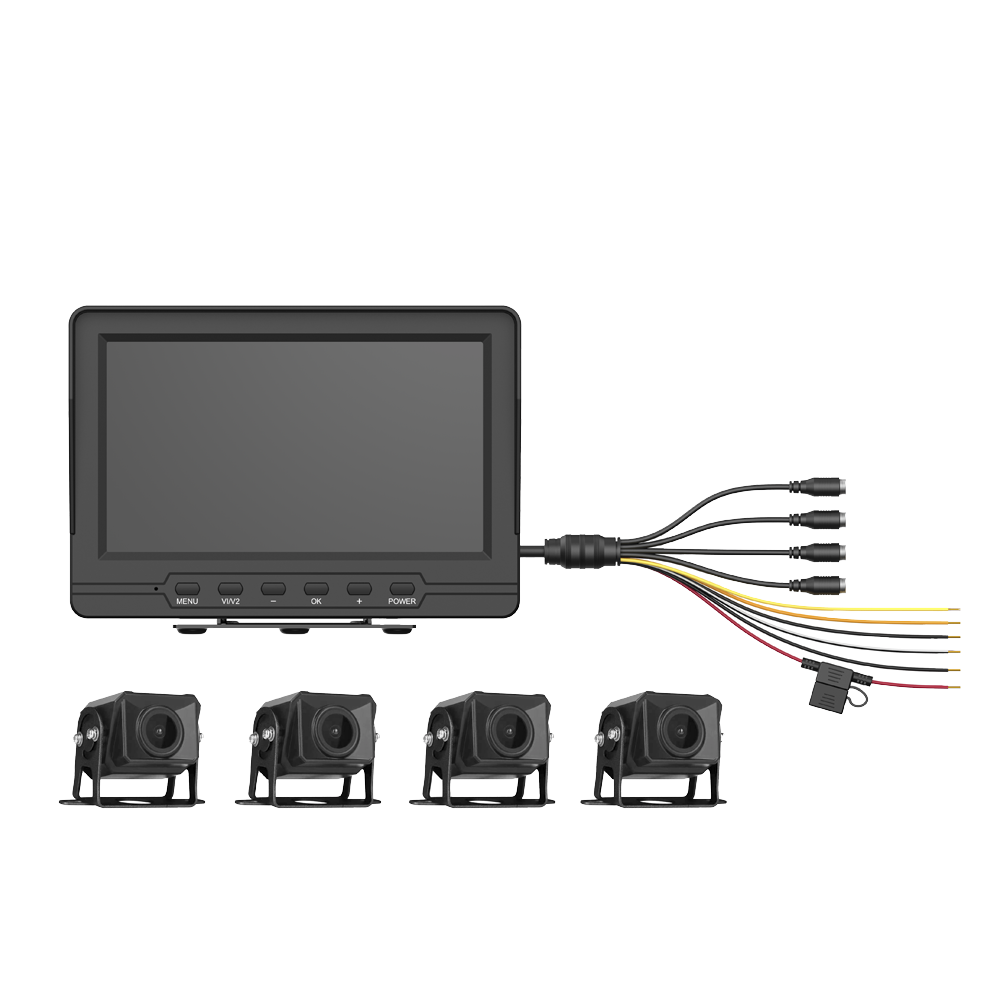 Sistema de Monitoreo Local / 4 Cámaras 1080p para Exterior (IP68) y Pantalla LCD de 7" a Color / Soporta Memoria Micro SD Hasta 512 GB / Soporta Cambio de Cámara al Dar Reversa al Vehiculo / Accesorios de Instalación