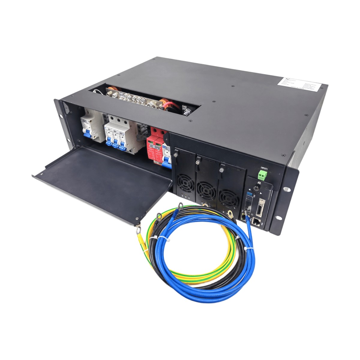 Rectificador de Energía AC 110 Vac / –48 V de Alta Eficiencia, 90 A y 5400 W, 3 UR para Telecomunicaciones como equipos OLTs Modulares / Cargador de Baterias de Litio