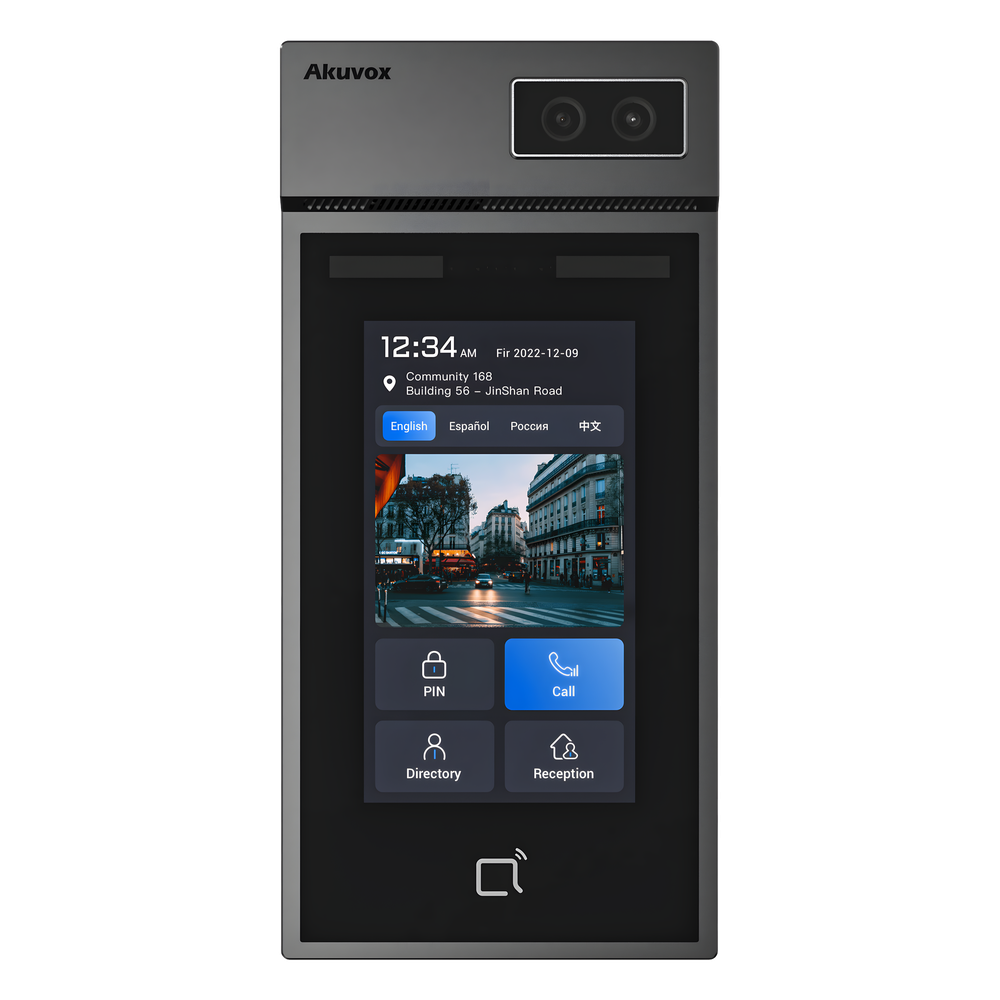 Videoportero + Montaje en Pared / Módulo Opcional de Huella / Pantalla Táctil IPS de 5 Pulgadas / Cámara de 2MP con Auto iluminación / Rostro, Tarjeta, PIN, BLE, QR / Compatible SIP y ONVIF / IP66 / IK08 / POE