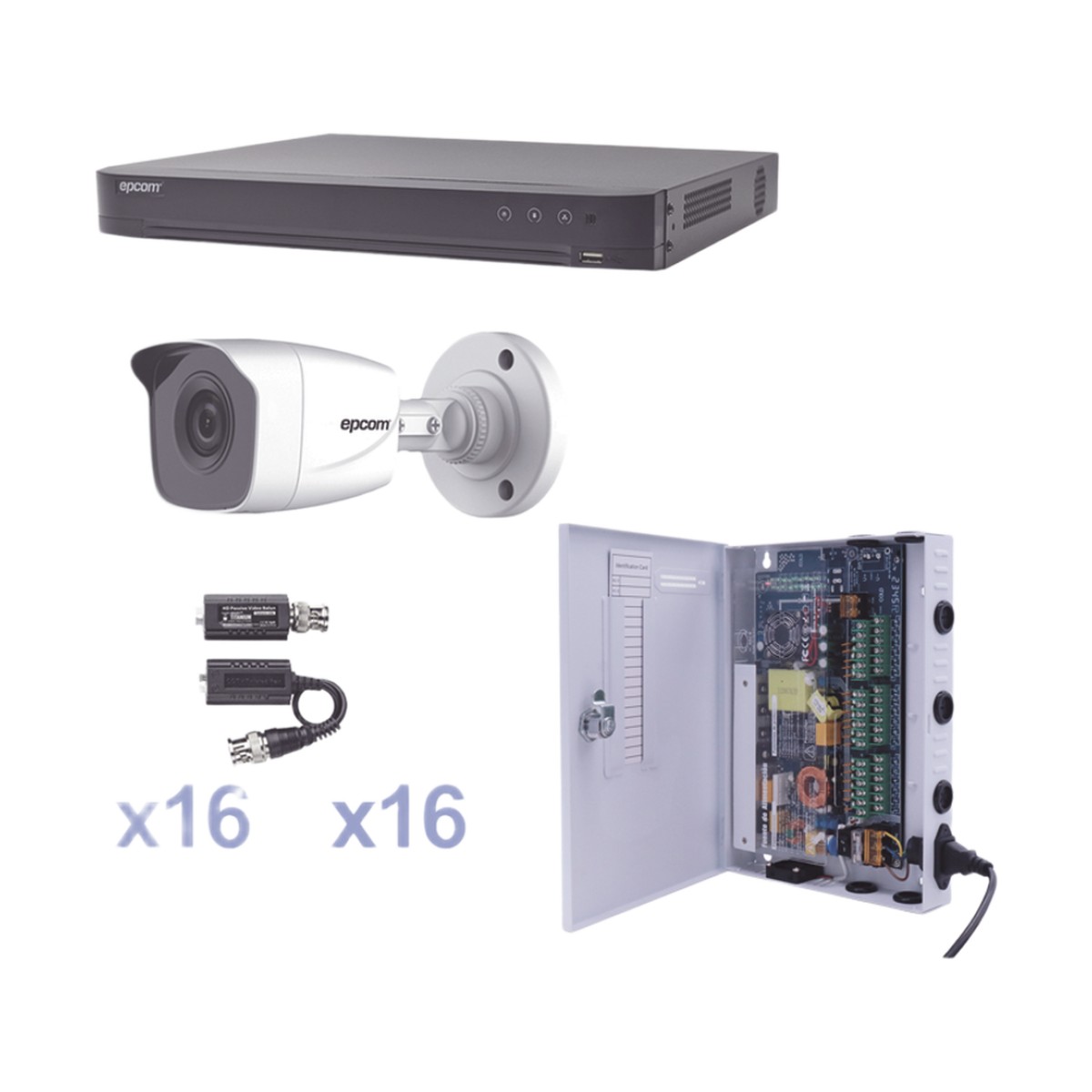 KIT TurboHD 1080p / DVR 16 Canales / 16 Cámaras Bala (exterior 2.8 mm) / Transceptores / Conectores / Fuente de Poder Profesional
