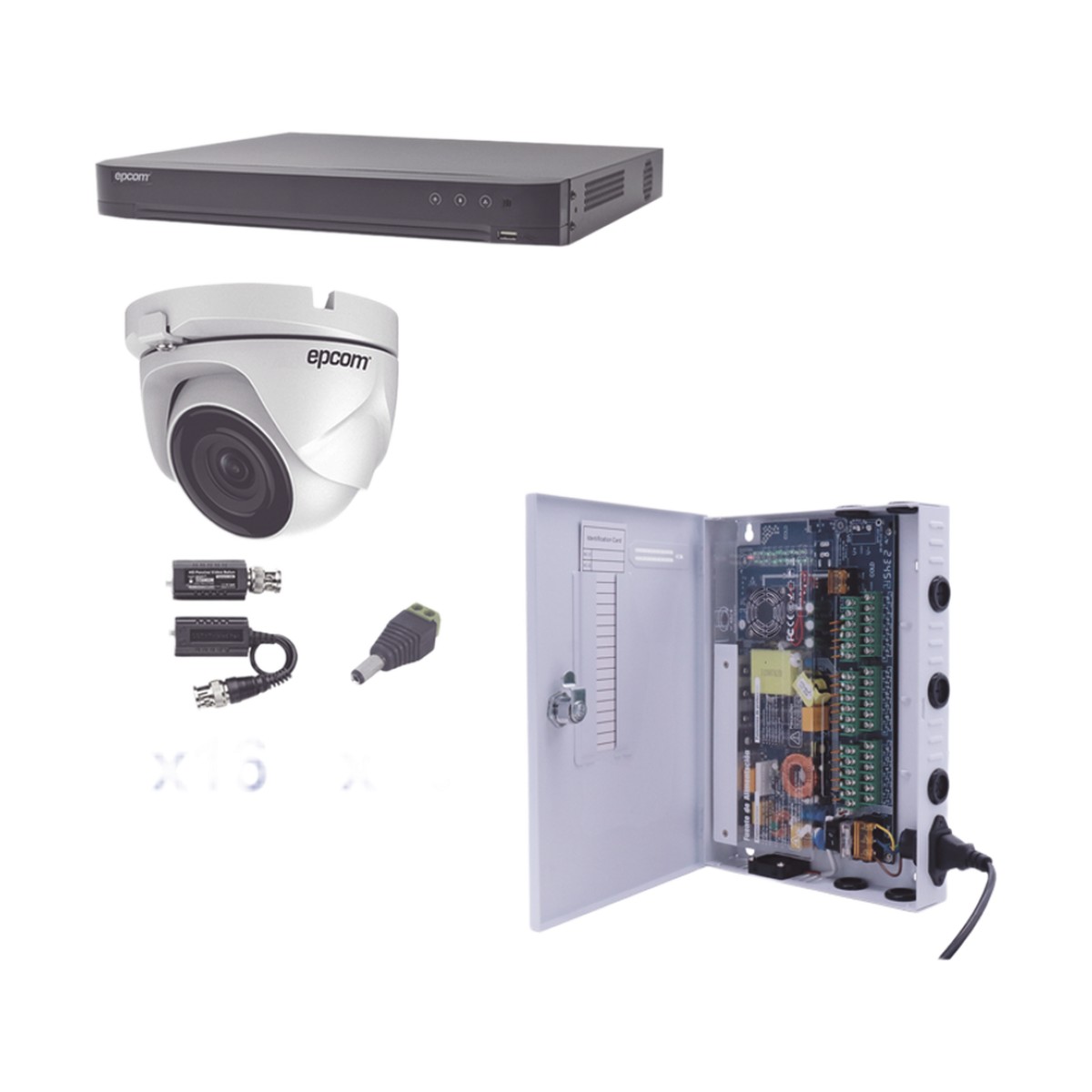KIT TurboHD 1080p / DVR 16 Canales / 16 Cámaras Eyeball (exterior 2.8 mm) / Transceptores / Conectores / Fuente de Poder Profesional