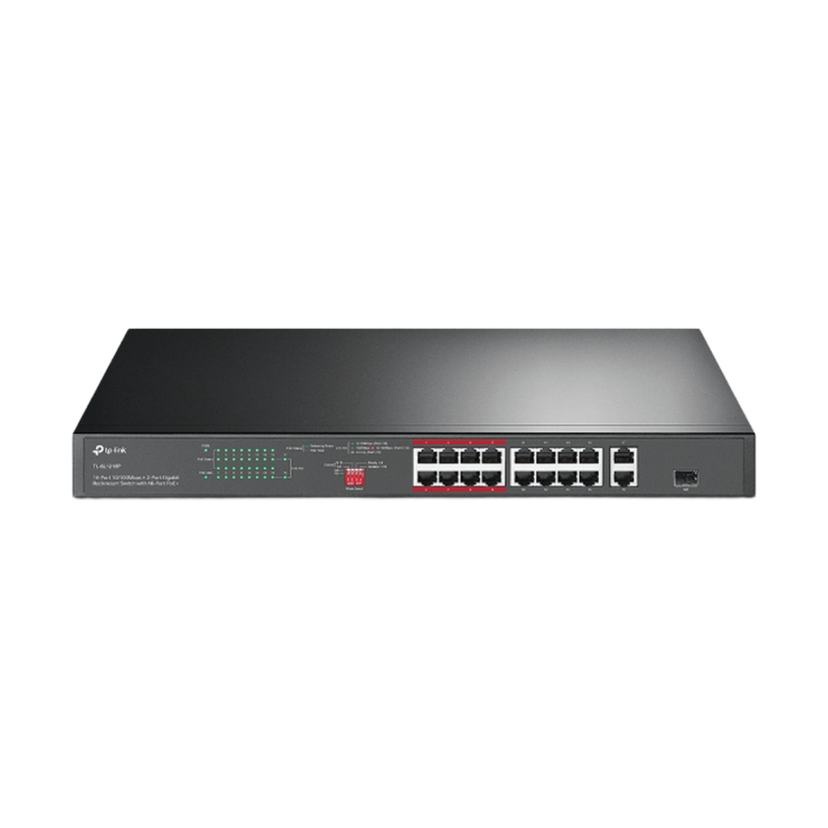 Switch PoE+ no Administrable 16 puertos 10/100 Mbps + 2 puertos 10/100/1000 Mbps + 1 puerto SFP, 8 puertos Extensor PoE (hasta 250 m), 150W, diseño para Vigilancia IP