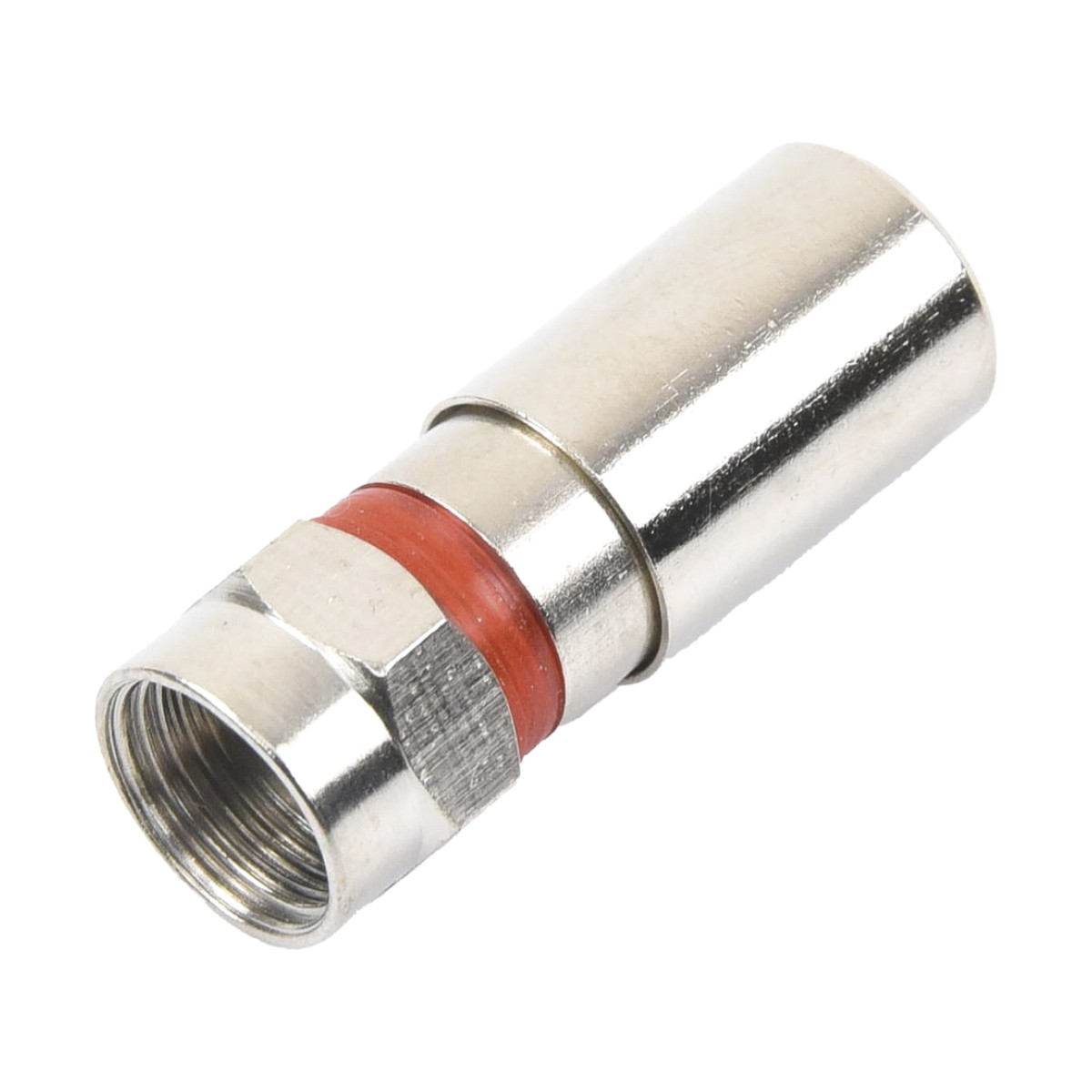 Conector F Macho de Compresión, Metálico para cable RG-59, Cuerpo de Bronce Niquelado.