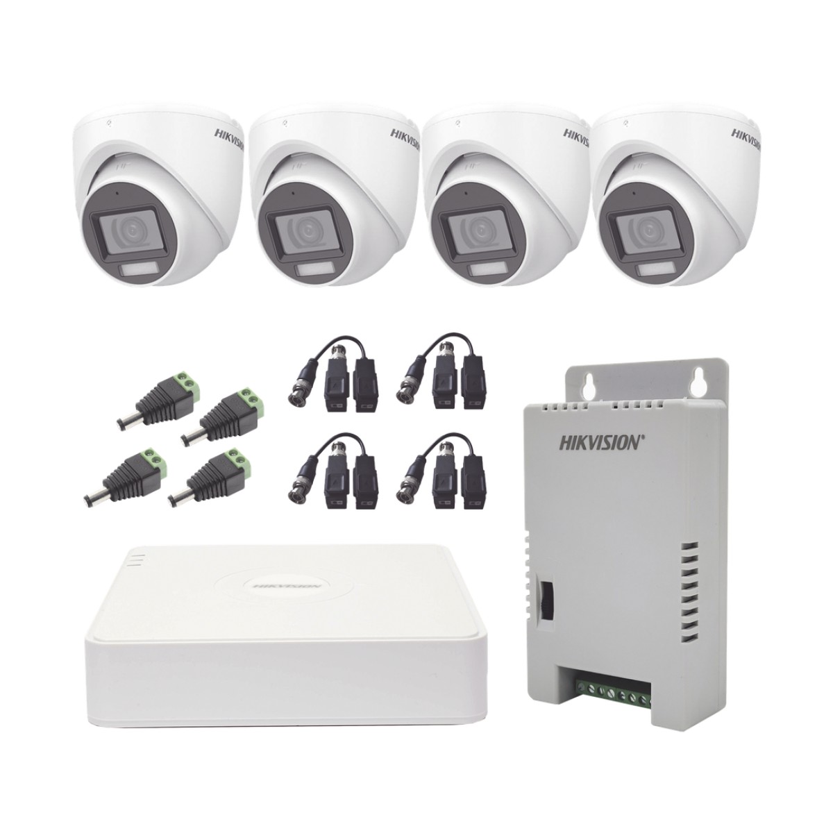 KIT TurboHD 1080p / DVR 4 Canales con audio por coaxitron / 4 Cámaras con Micrófono y  106° Visión/  luz blanca + IR visión nocturna  / Transceptores / Conectores / Fuente de Poder Profesional