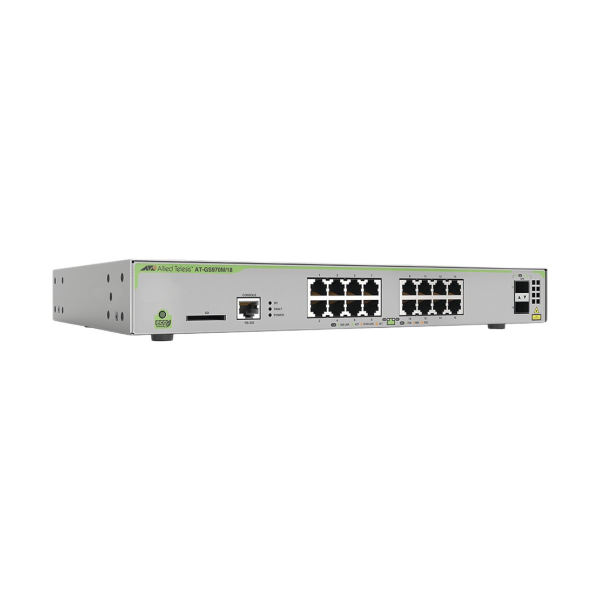 Switch PoE+ Administrable CentreCOM GS970M, Capa 3 de 16 Puertos 10/100/1000 Mbps + 2 SFP Gigabit, 247 W