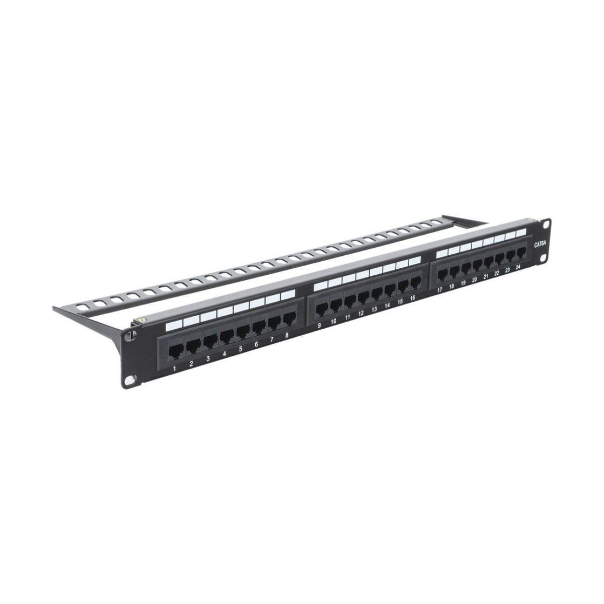 Panel de Parcheo de Impacto (110) UTP de 24 Puertos Cat6A, 19 Pulgadas (48.26 cm), con Barra para Organizar Cables y Espacio para Etiqueta