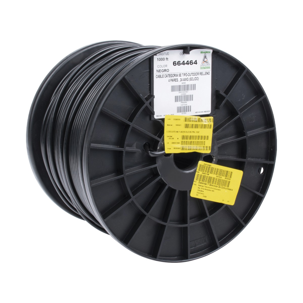 Bobina de 305 Metros (1000 Pies) Cat5e con Gel para Exterior, Color Negro, para Aplicaciones en Sistemas de Redes de Datos y Cableado Estructurado. Uso Intemperie.
