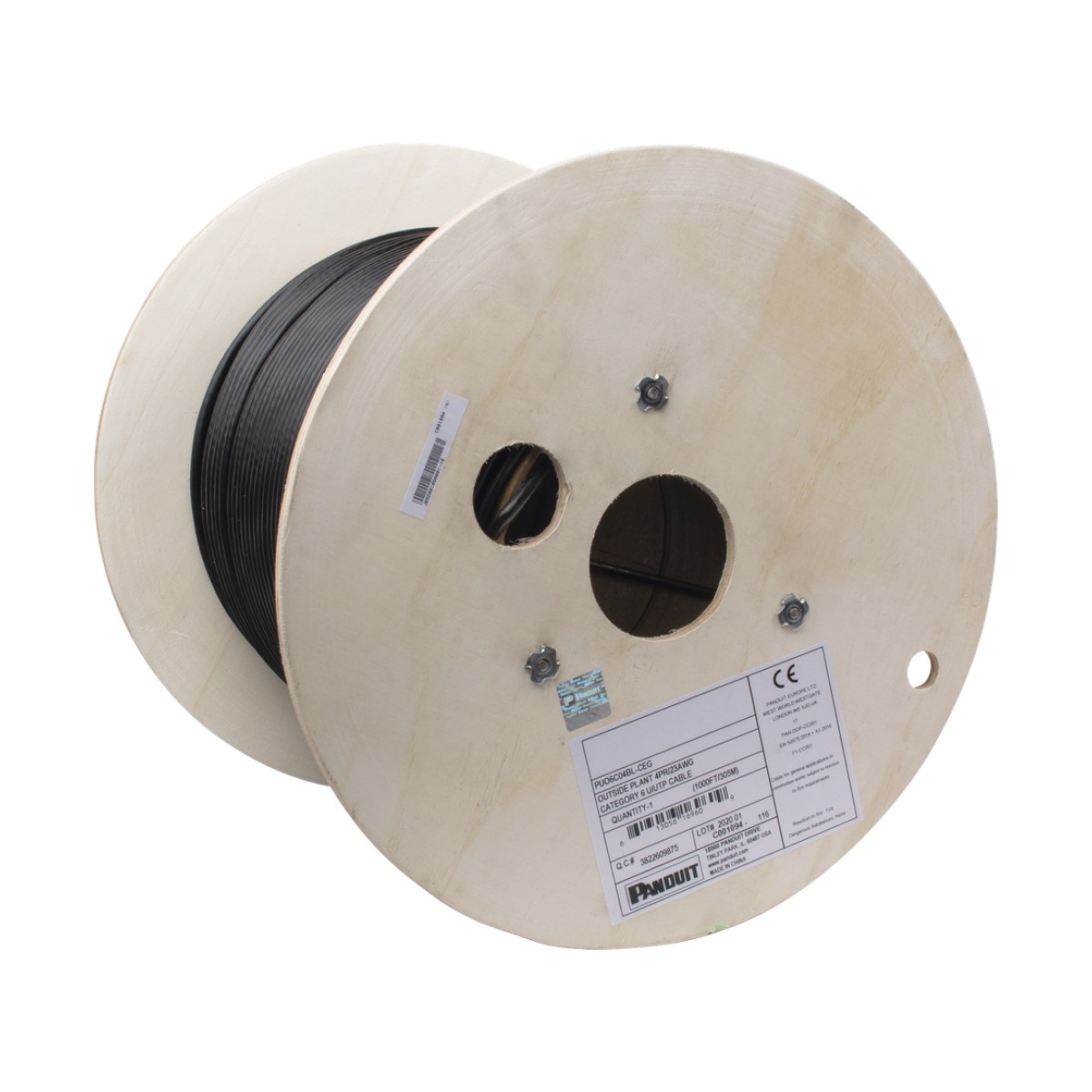 Bobina de Cable UTP de 4 Pares, PanNet, Para Exterior con Gel, Cat6 (23 AWG), Industrial para Climas Extremos, Color Negro, 305 Metros (1000 Pies)
