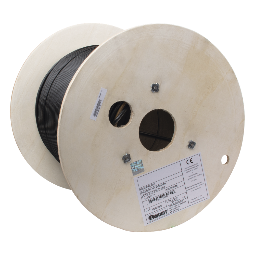 Bobina de Cable UTP de 4 Pares, PanNet, Para Exterior con Gel, Cat6 (23 AWG), Industrial para Climas Extremos, Color Negro, 305 Metros (1000 Pies)
