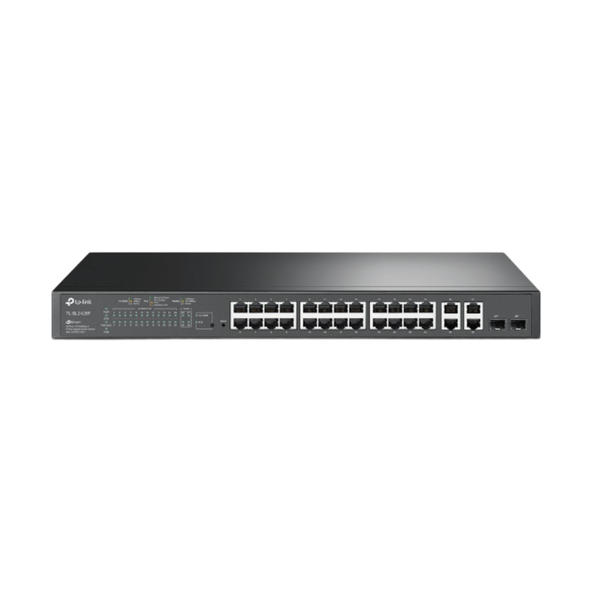 Switch PoE+ JetStream SDN Administrable 24 puertos 10/100 Mbps + 2 puertos 10/100/1000 Mbps (Uplink) + 2 puertos SFP (combo 2 RJ45 10/100/1000 Mbps), 250W, administración centralizada OMADA SDN