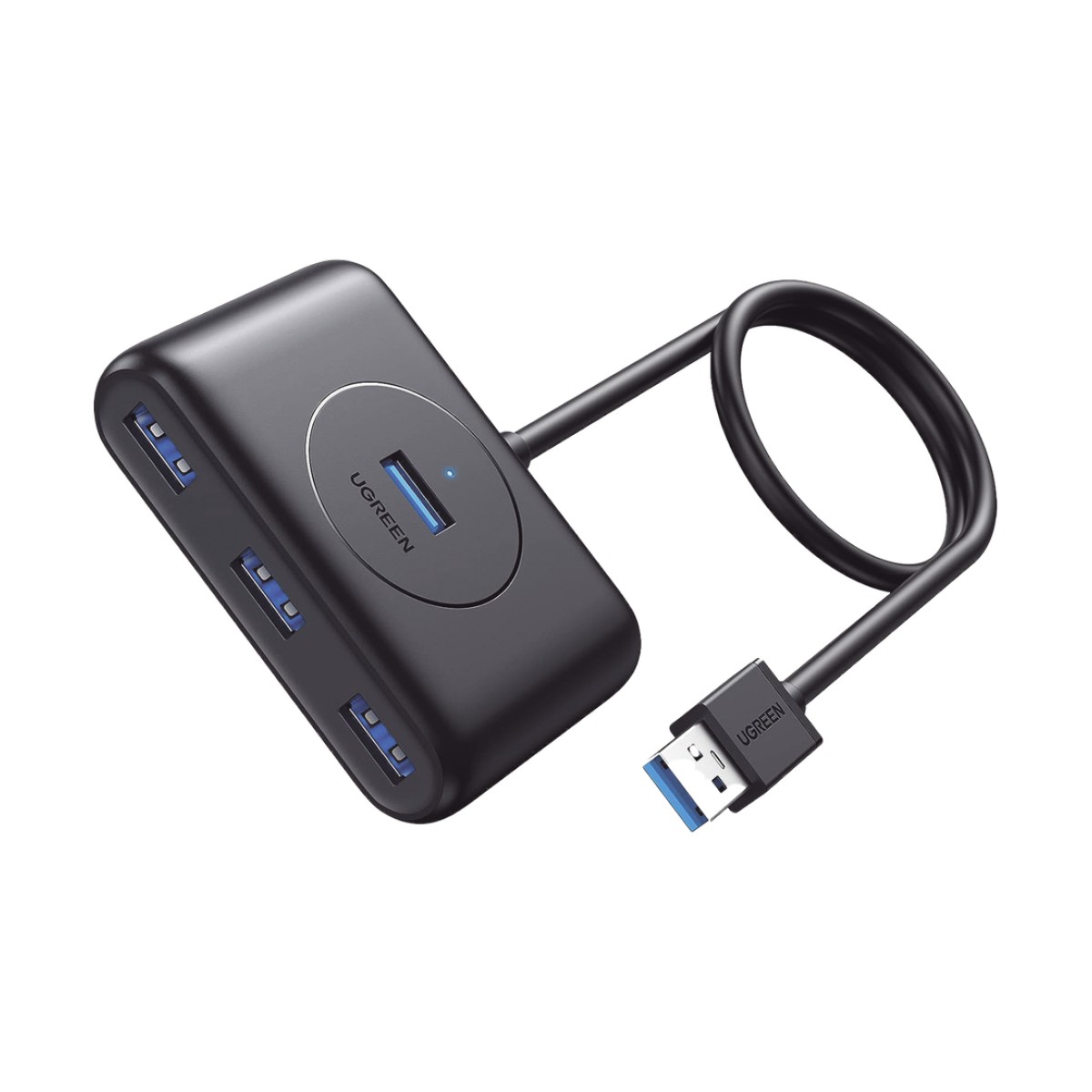 HUB USB-A 3.0 4 en 1 | 4 Puertos USB-A 3.0 (5Gbps) | Entrada USB-C (PD 5V2A) | Cable de 1 Metro | Indicador Led | Ideal para Transferencia de Datos | Entrada USB-C para alimentar equipos de mayor consumo | Color Negro.