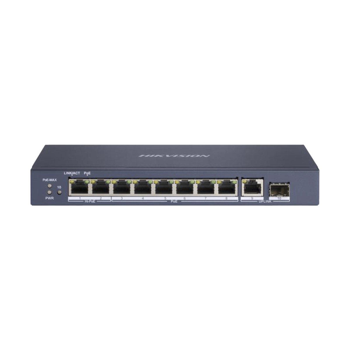 Switch PoE+ / No Administrable / 7 Puertos 1000 Mbps 802.3 af/at (30 W) / 2 Puertos 1000 Mbps Hi-PoE (90 W) / 1 Puertos 1000 Mbps Uplink / 1 Puerto SFP / Modo Extendido hasta 300 Metros / 110 Watts