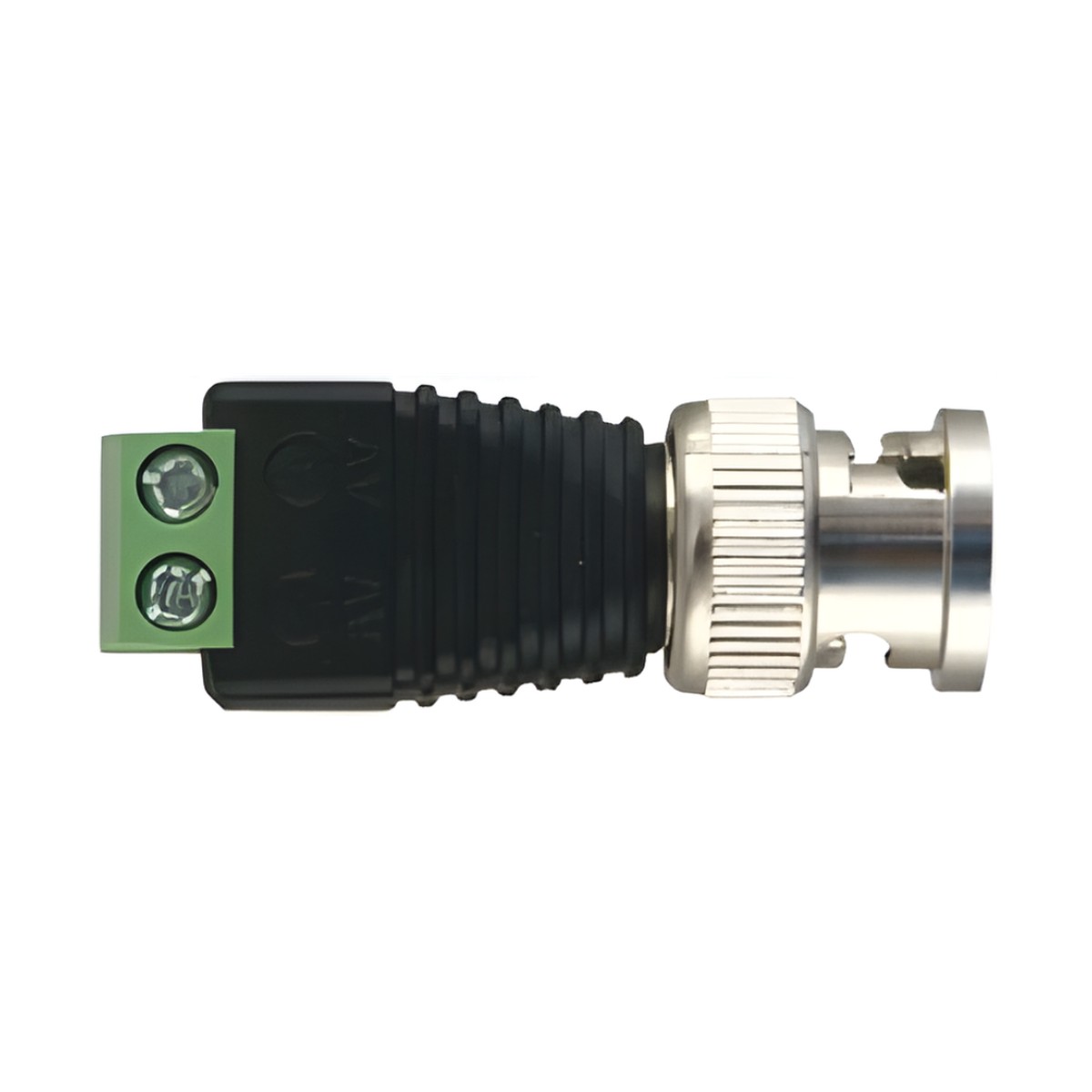 Adaptador de conector BNC macho a 2 terminales-tornillo para cables AWG-26-14, en aplicaciones Video Vigilancia, Níquel/ Oro/  PTFE y PVC.